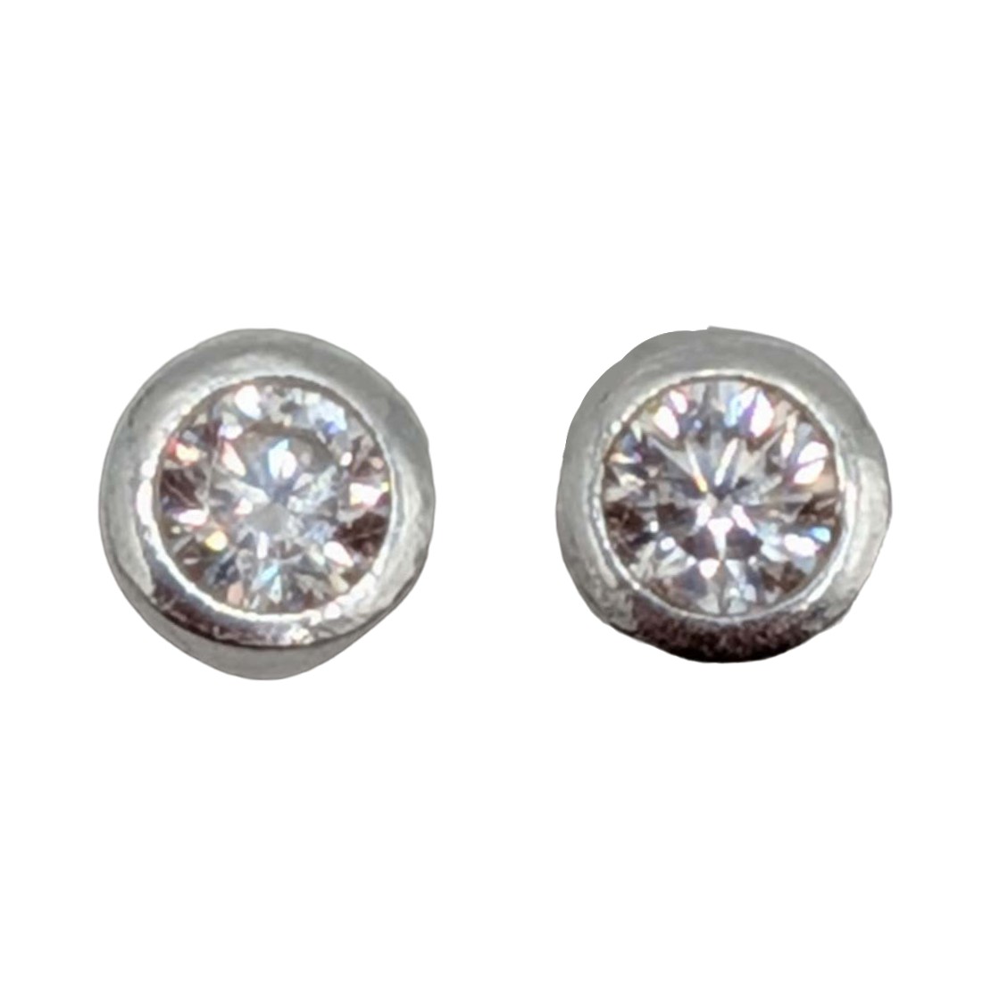 Signed Sterling Silver CZ Bezel Set Solitaire Stud Earrings