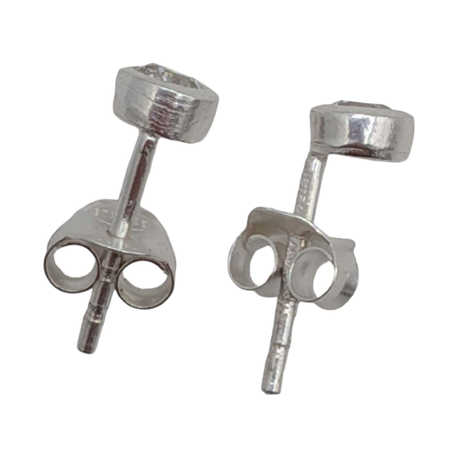 Signed Sterling Silver CZ Bezel Set Solitaire Stud Earrings