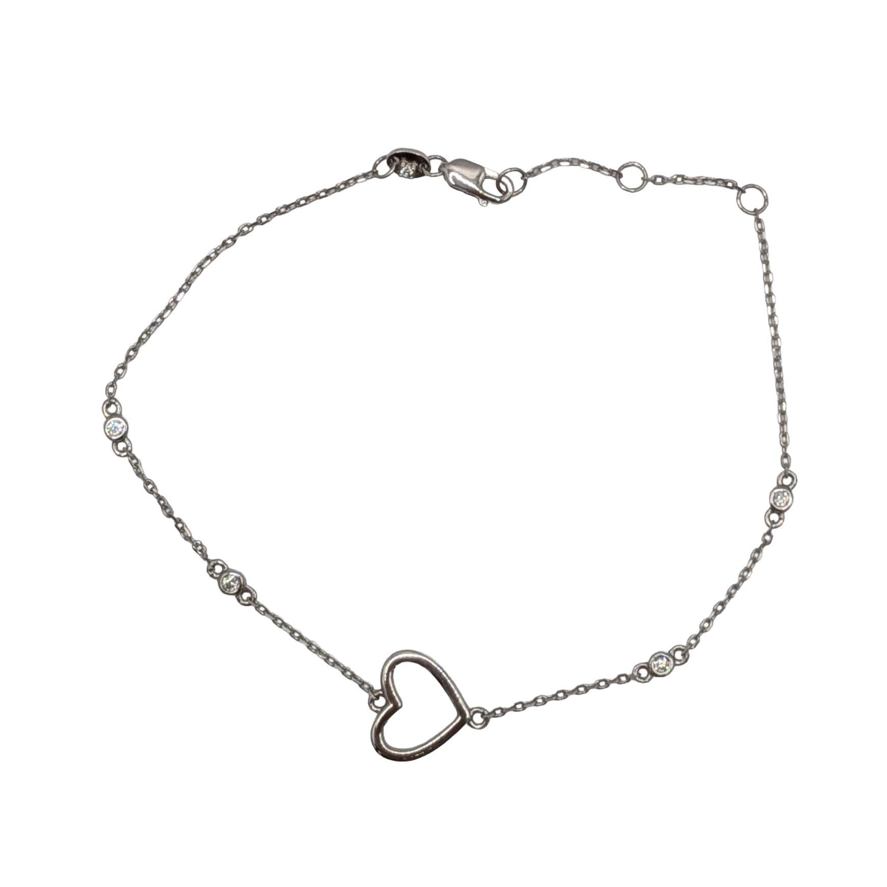 Signed Sterling Silver CZ Section Link Heart Bracelet