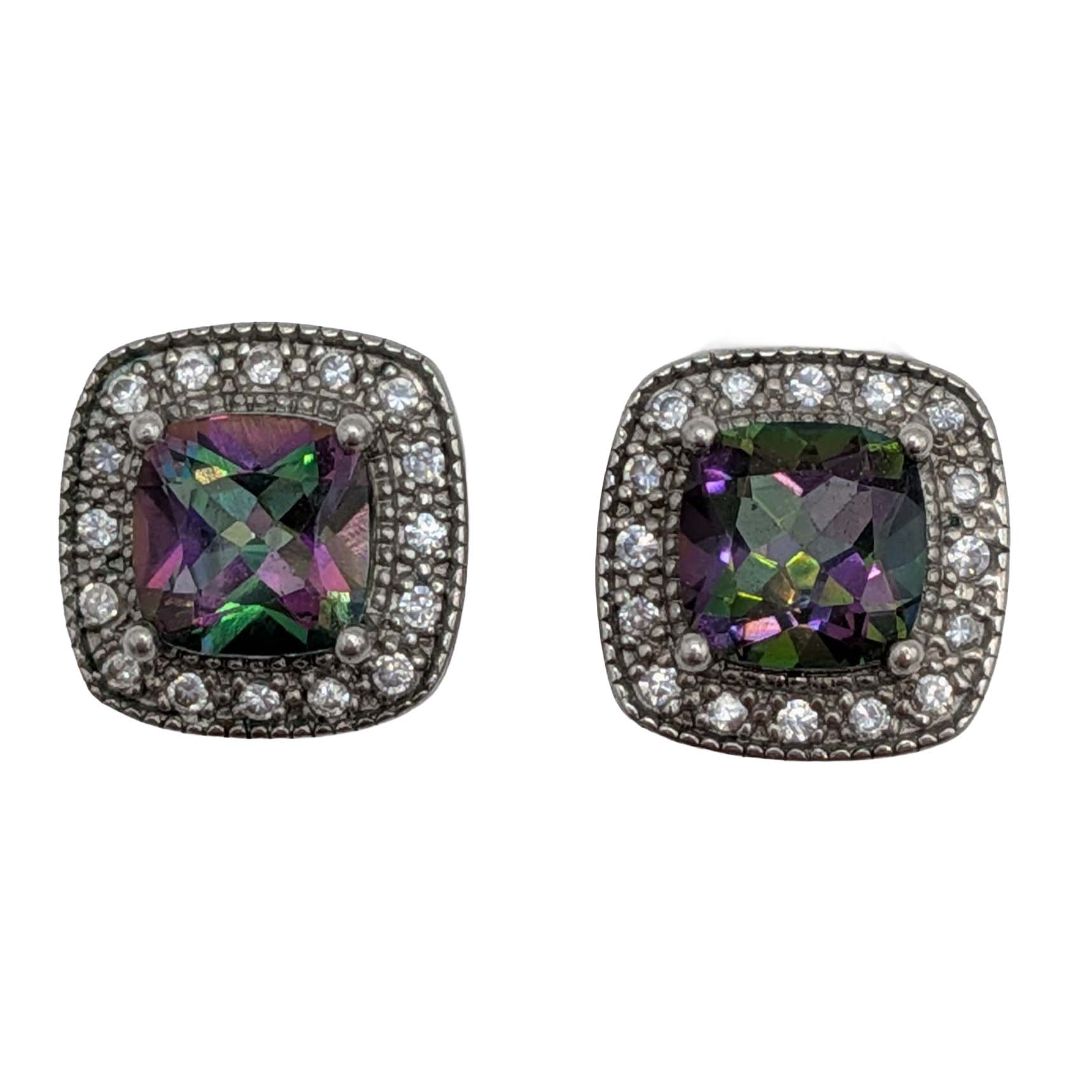 Signed Sterling Silver Iridescent Crystal CZ Halo Stud Earrings