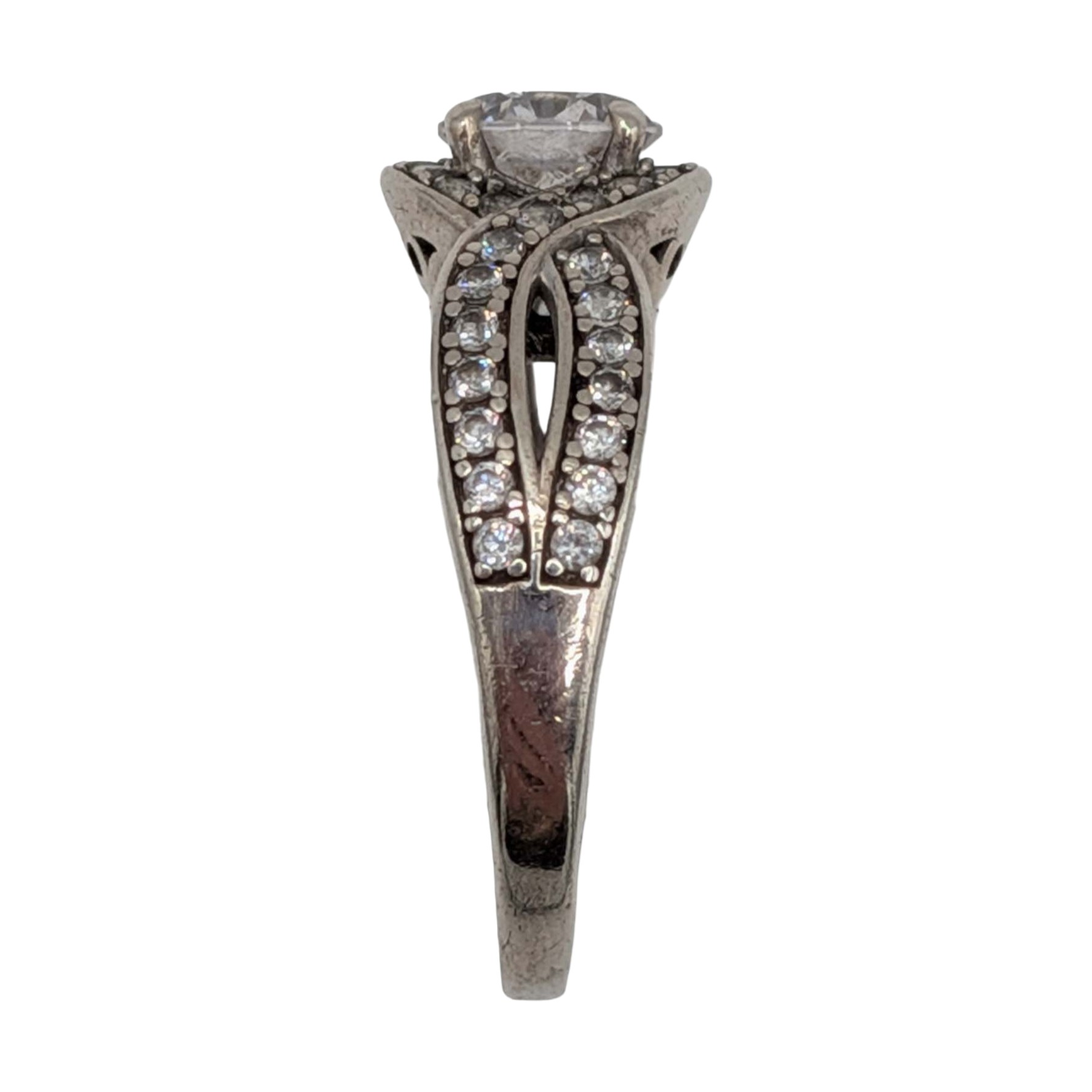 Signed Sterling Silver CZ Basket Set Crossover Ring Size 8.25