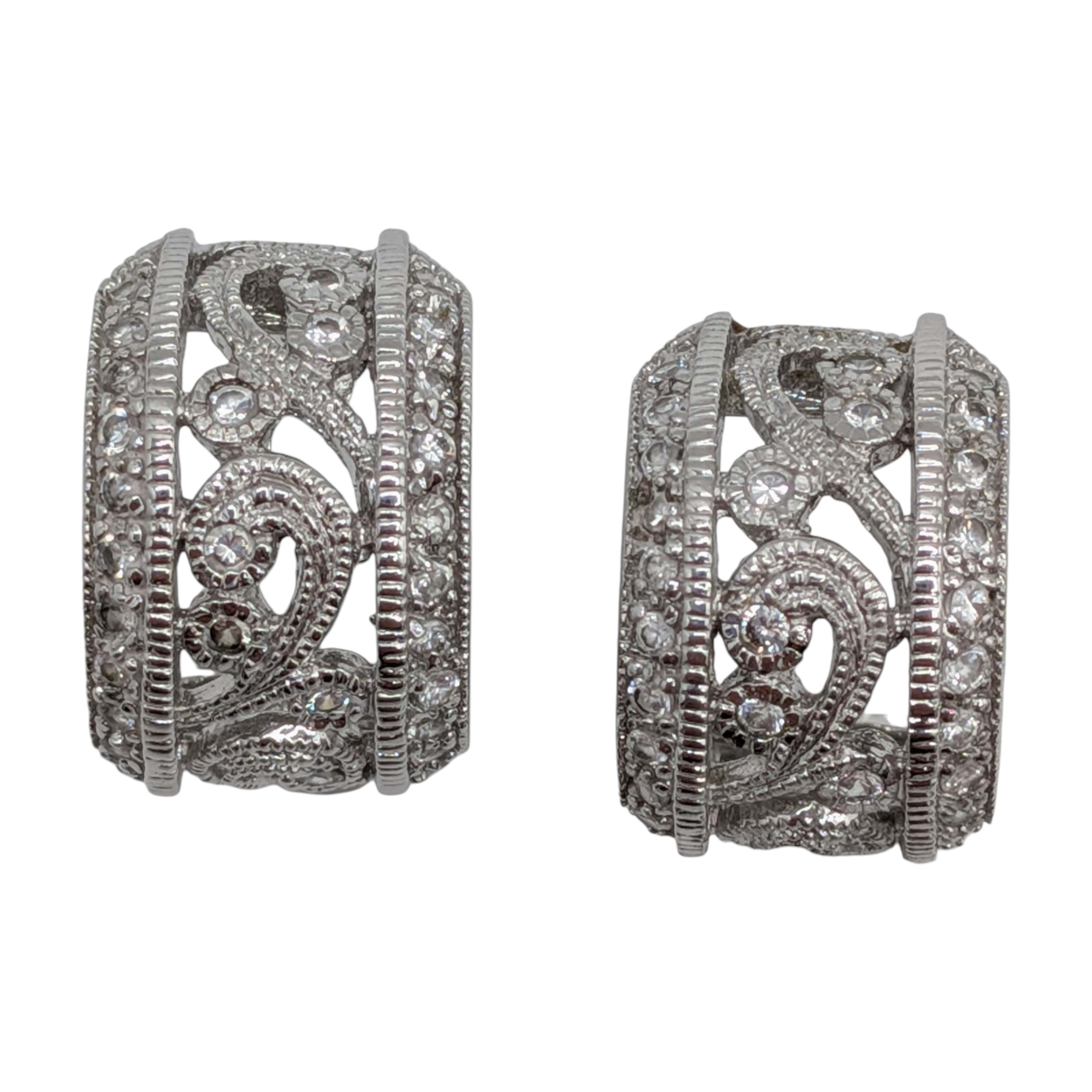Signed Sterling Silver CZ Scroll Cut Half Hoop Stud Earrings