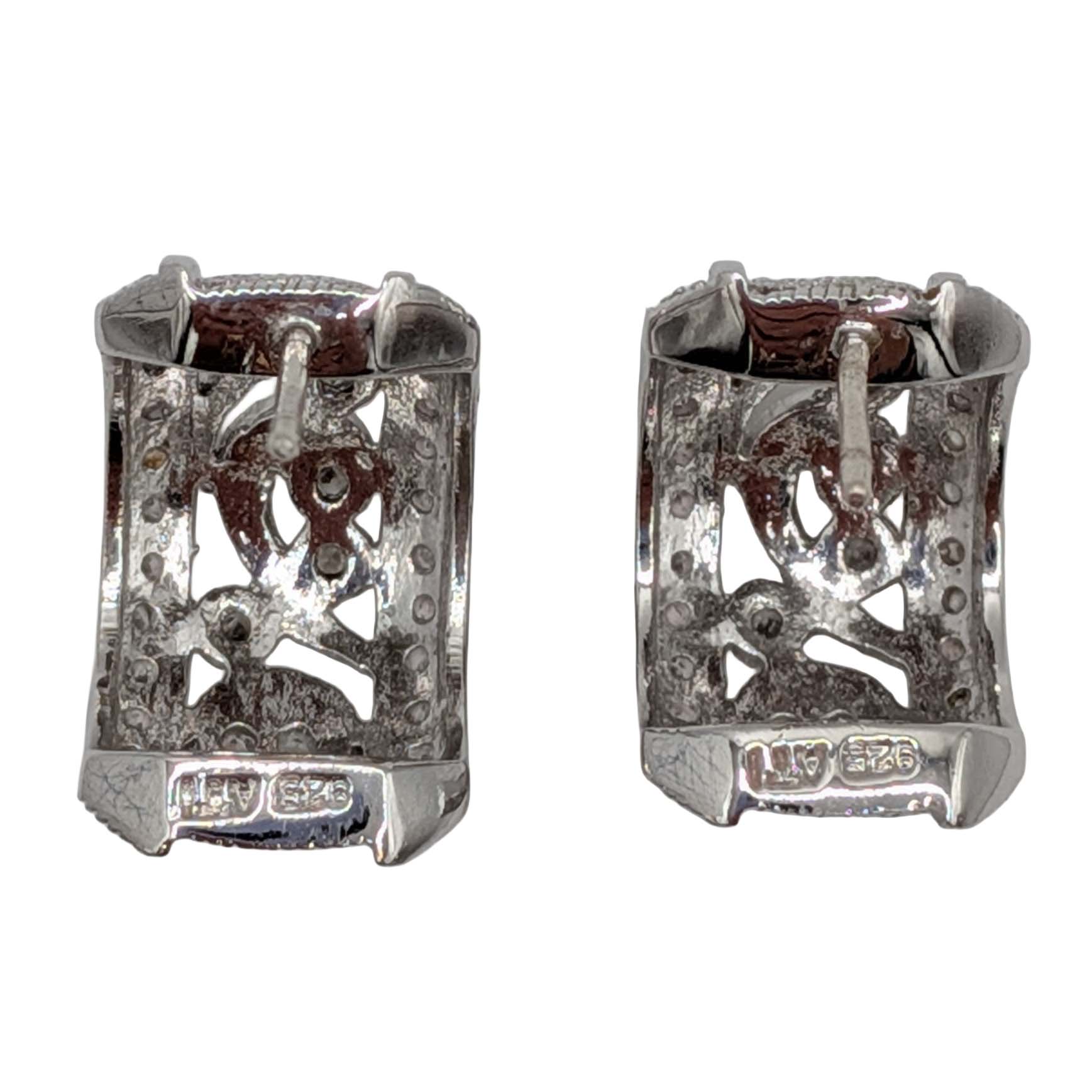Signed Sterling Silver CZ Scroll Cut Half Hoop Stud Earrings