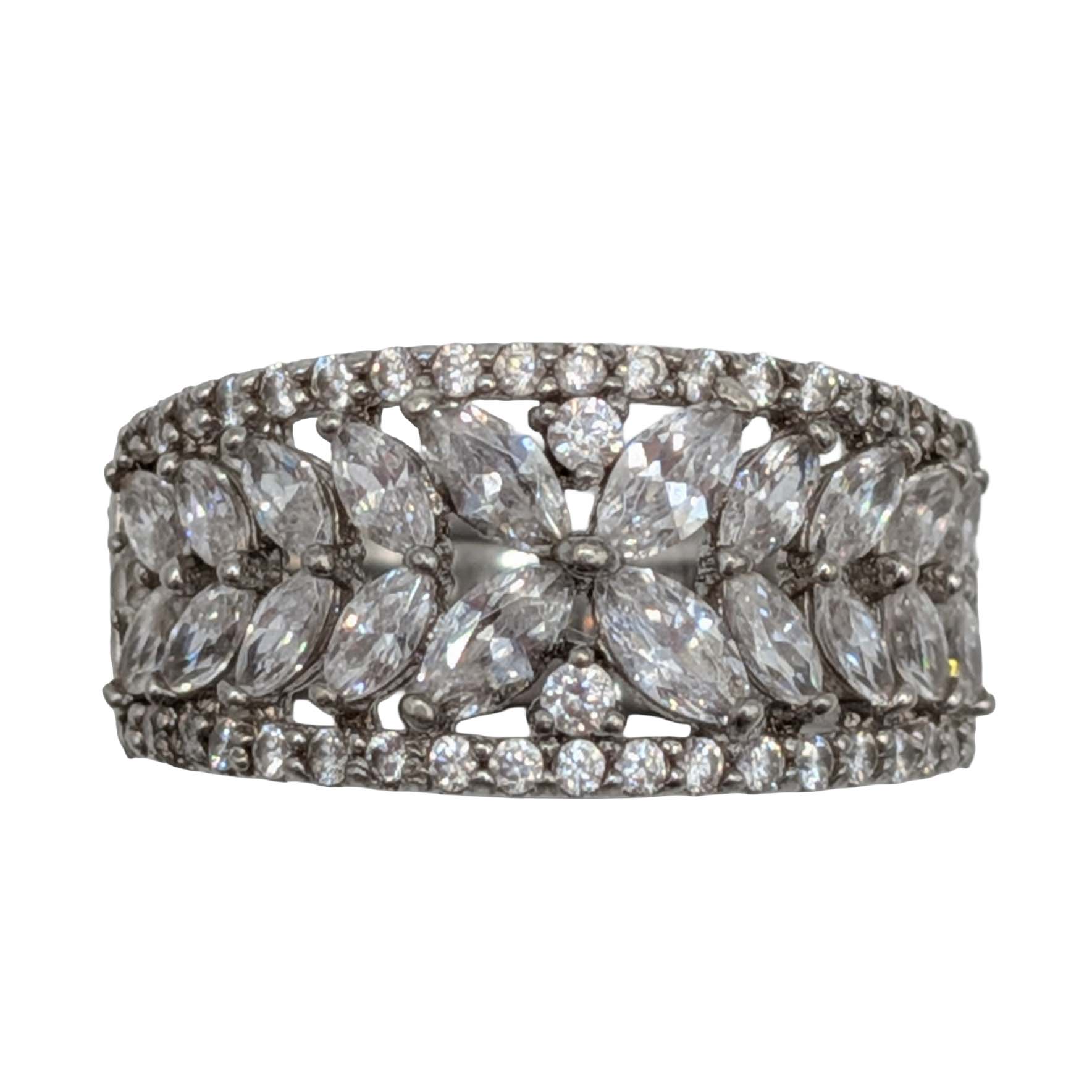 Sterling Silver Marquise CZ Floral Leaf Band Ring Size 7.75