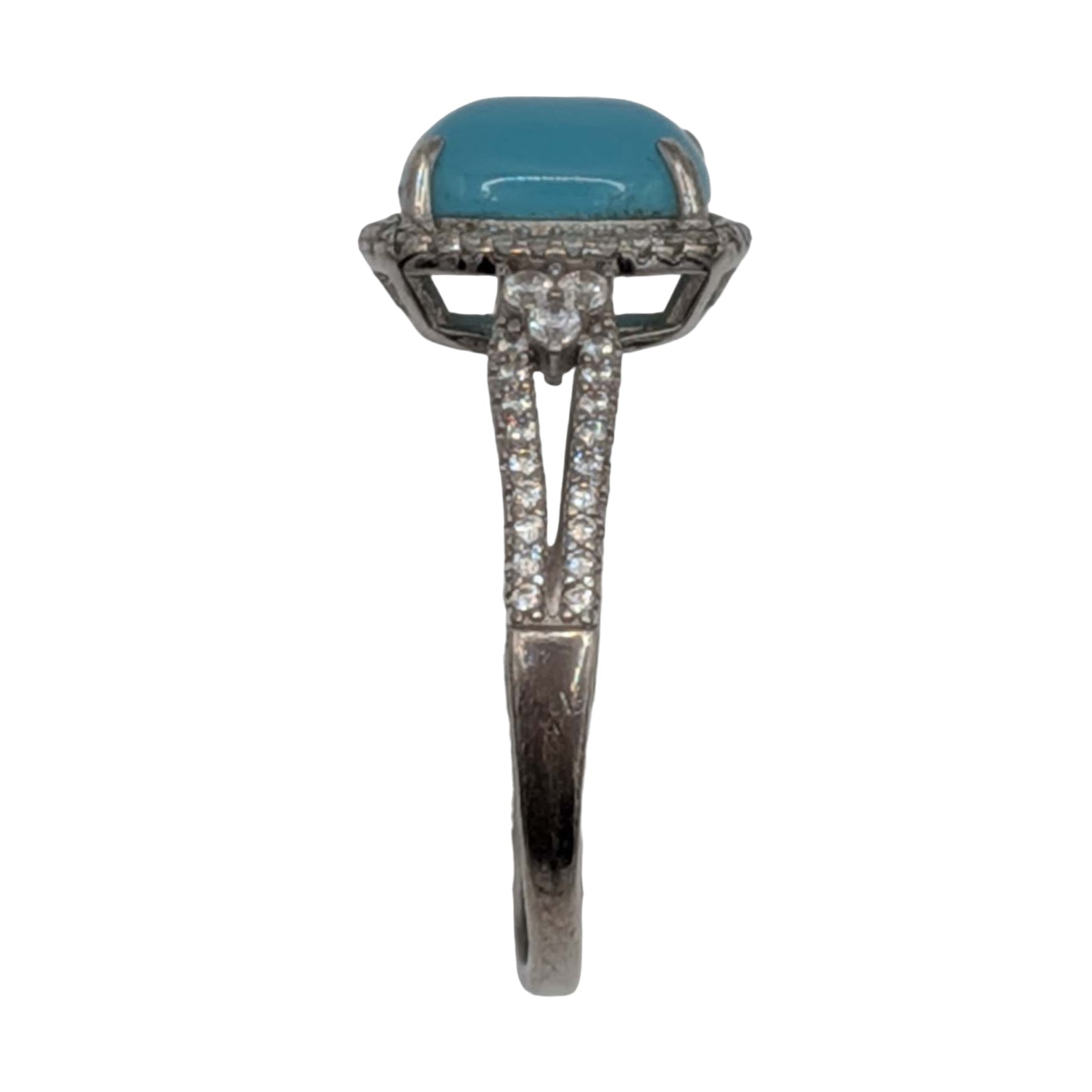 Signed Sterling Silver Blue Rhinestone White Rhinestone Cabochon Halo Ring Size 9.5