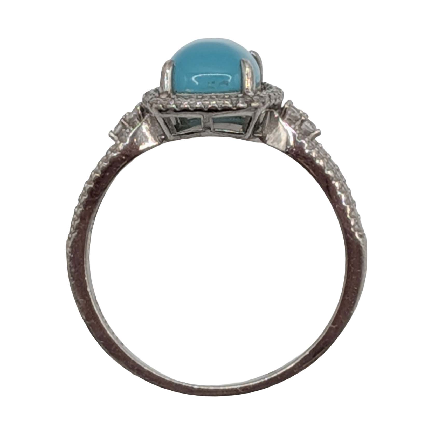 Signed Sterling Silver Blue Rhinestone White Rhinestone Cabochon Halo Ring Size 9.5