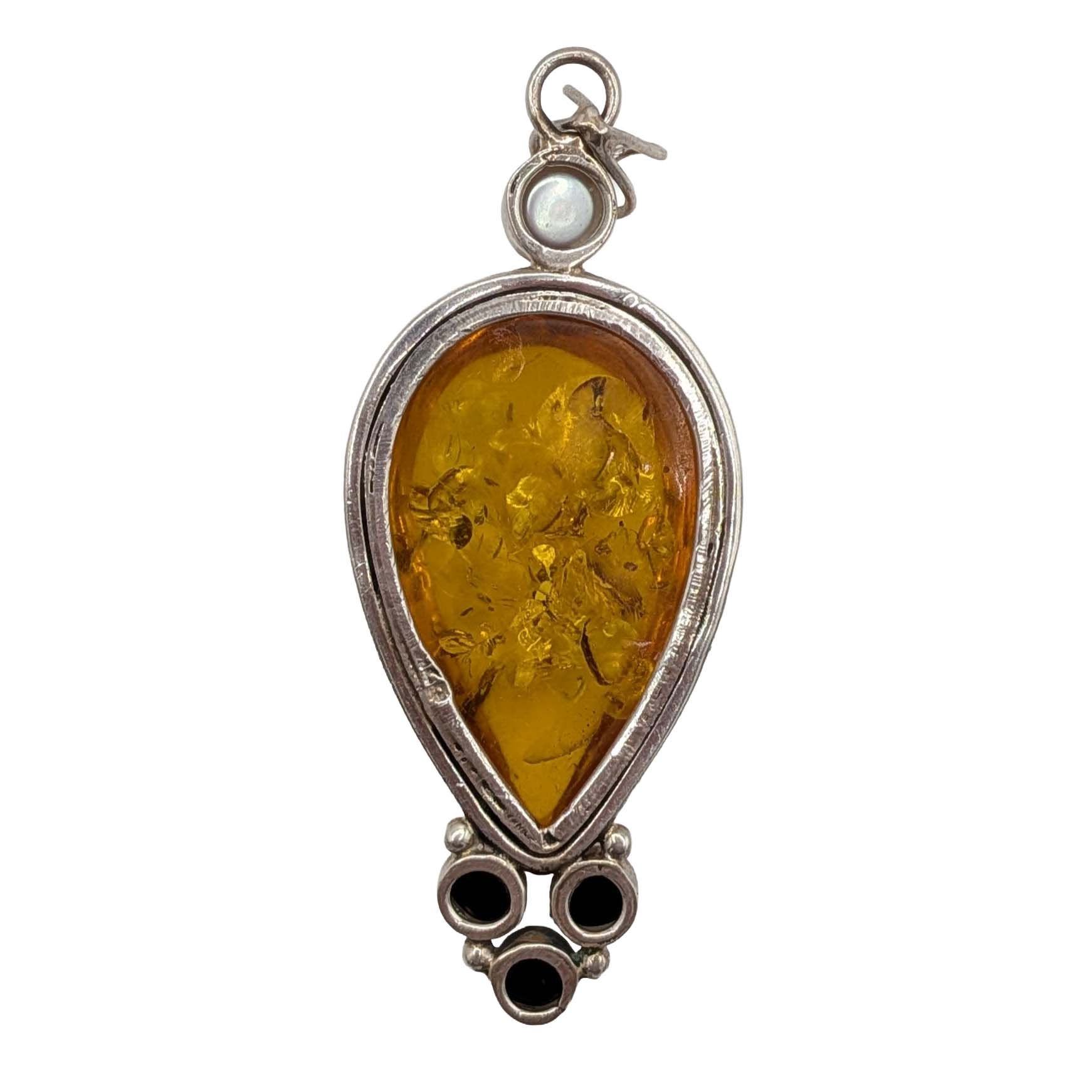 Sterling Silver Amber Pearl Onyx Cluster Drop Pendant