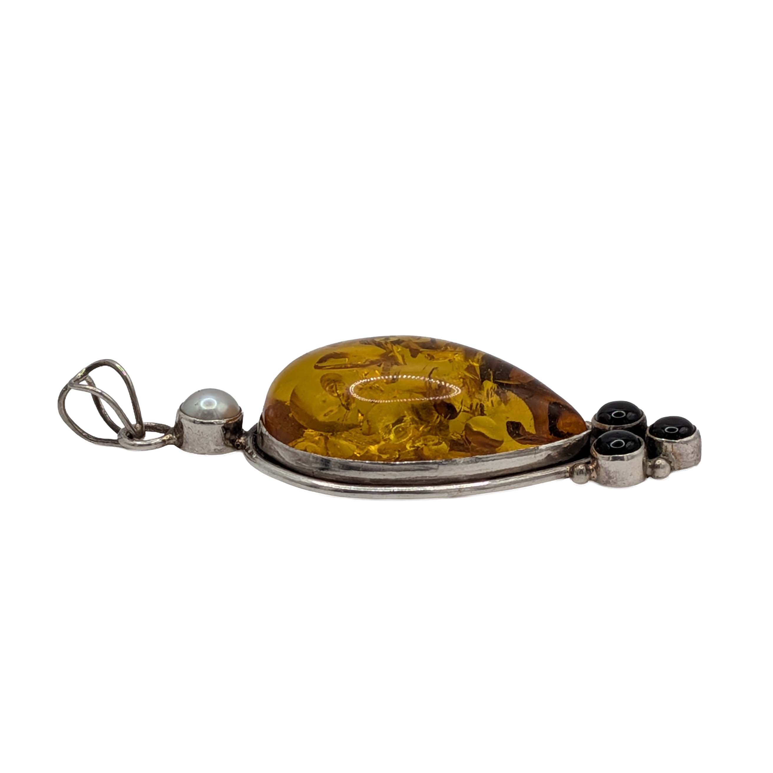 Sterling Silver Amber Pearl Onyx Cluster Drop Pendant