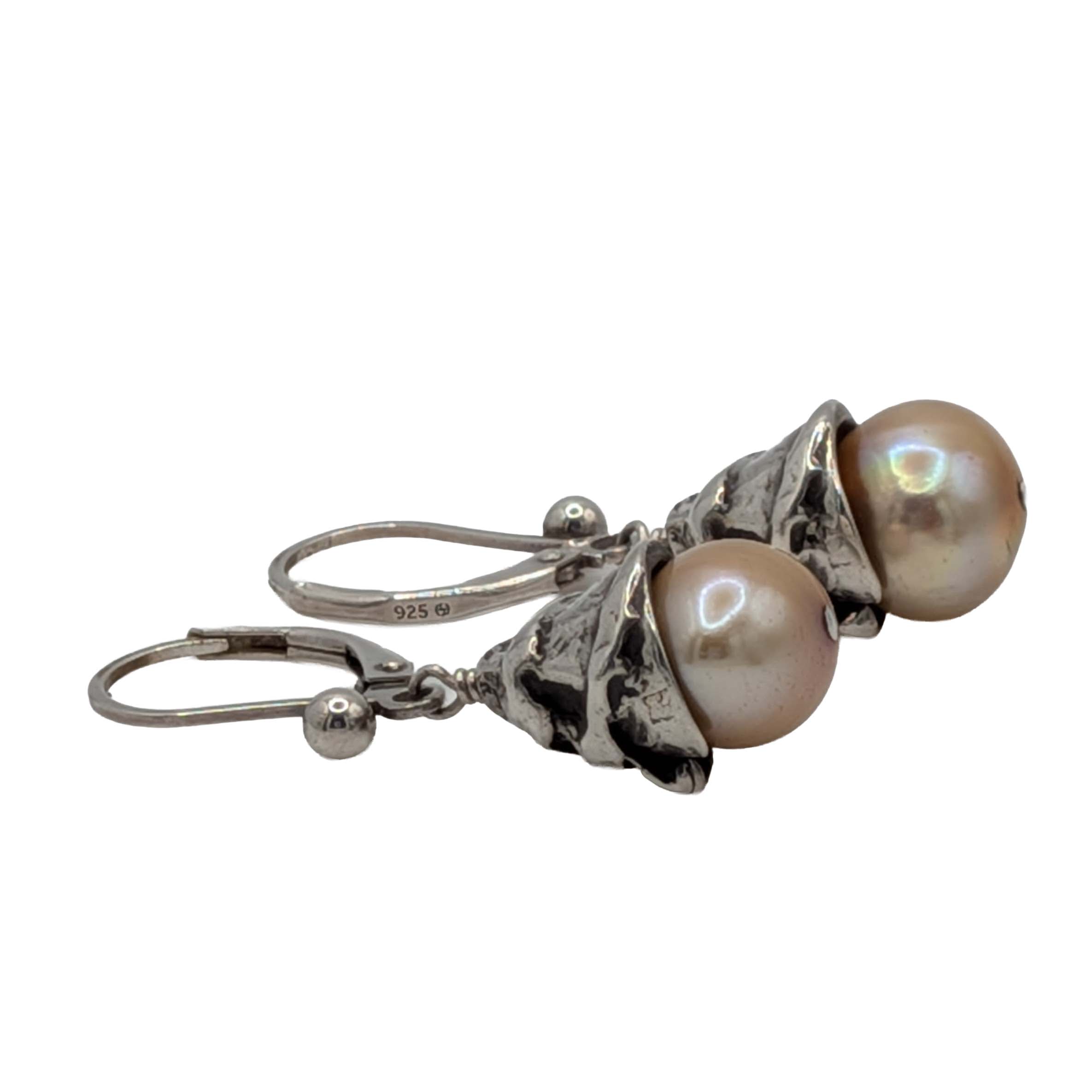 Signed Sterling Silver Baroque Pearl Dangle Earrings