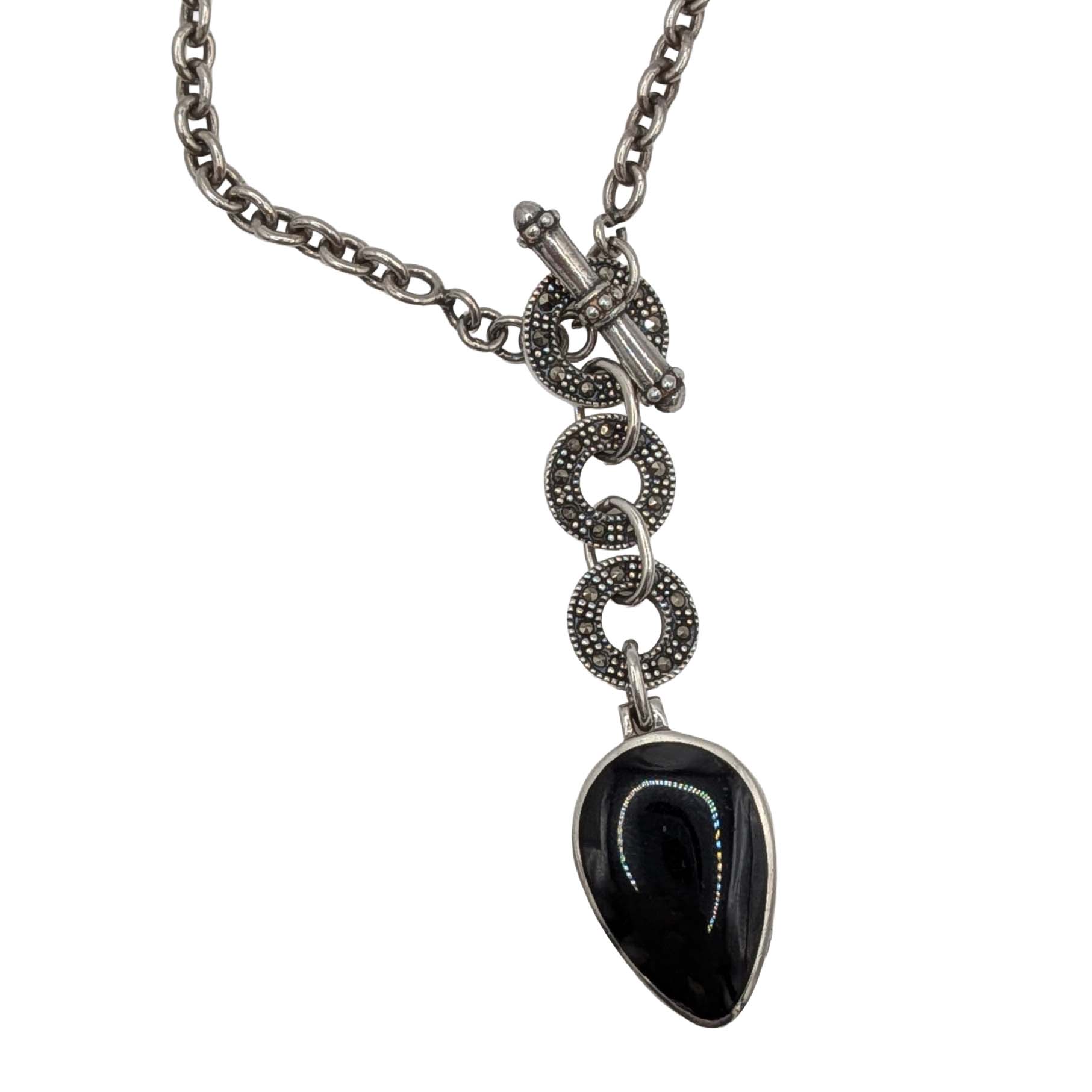 Signed Sterling Silver Black Resin Marcasite Necklace