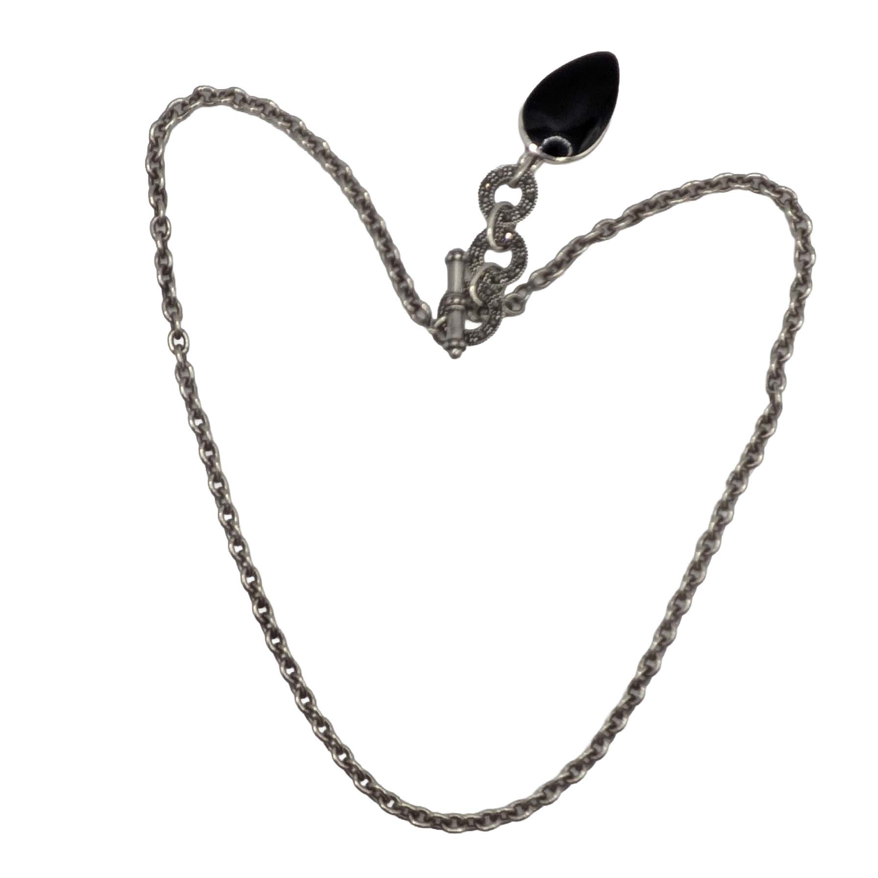 Signed Sterling Silver Black Resin Marcasite Necklace