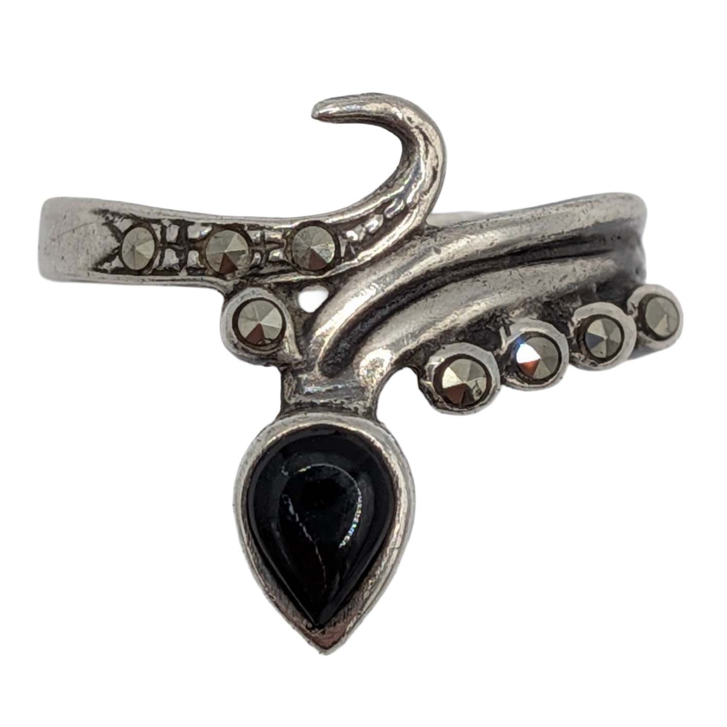 Signed Sterling Silver Onyx Marcasite Snake Ring Size 6.75