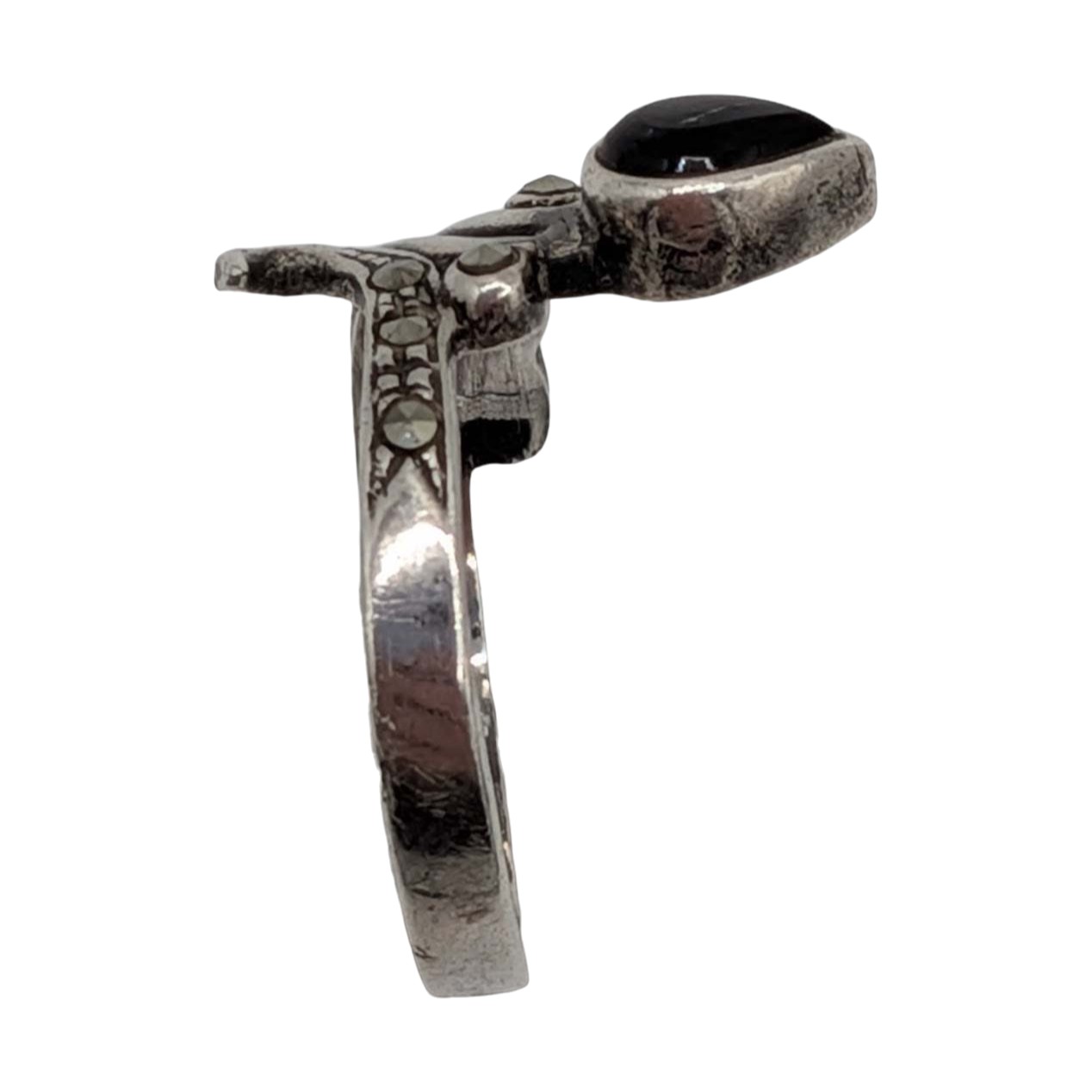 Signed Sterling Silver Onyx Marcasite Snake Ring Size 6.75