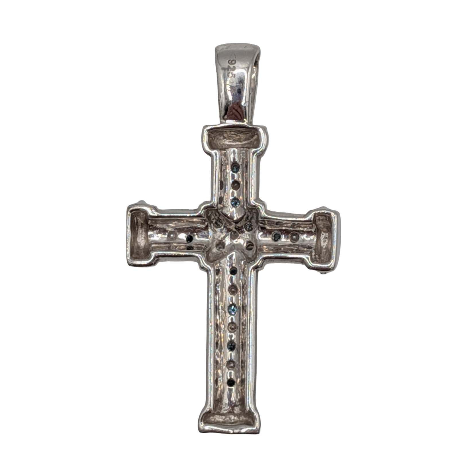 Signed Sterling Silver Two Tone Diamond Cross Pendant