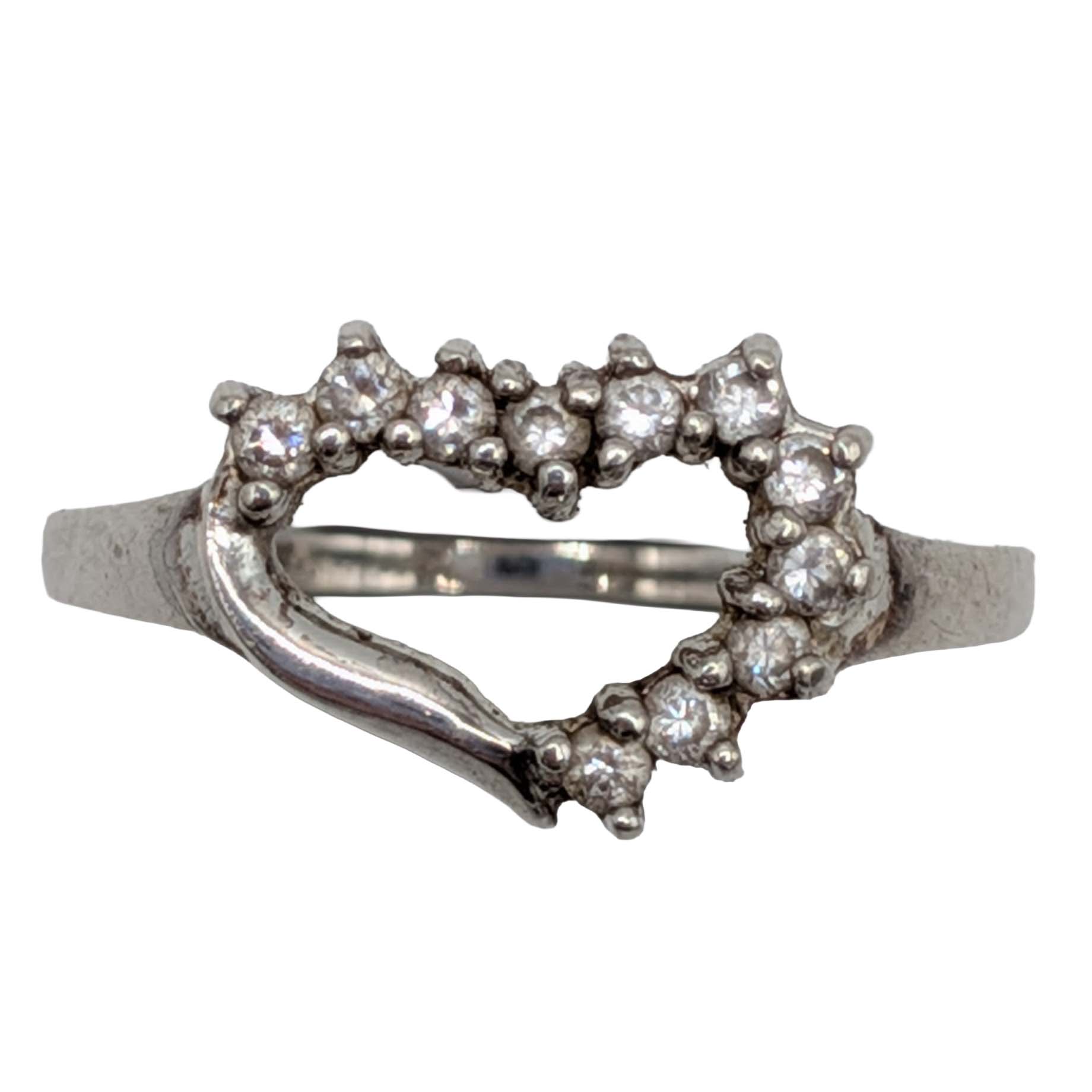 Signed Sterling Silver Rhinestone Open Heart Ring Size 8