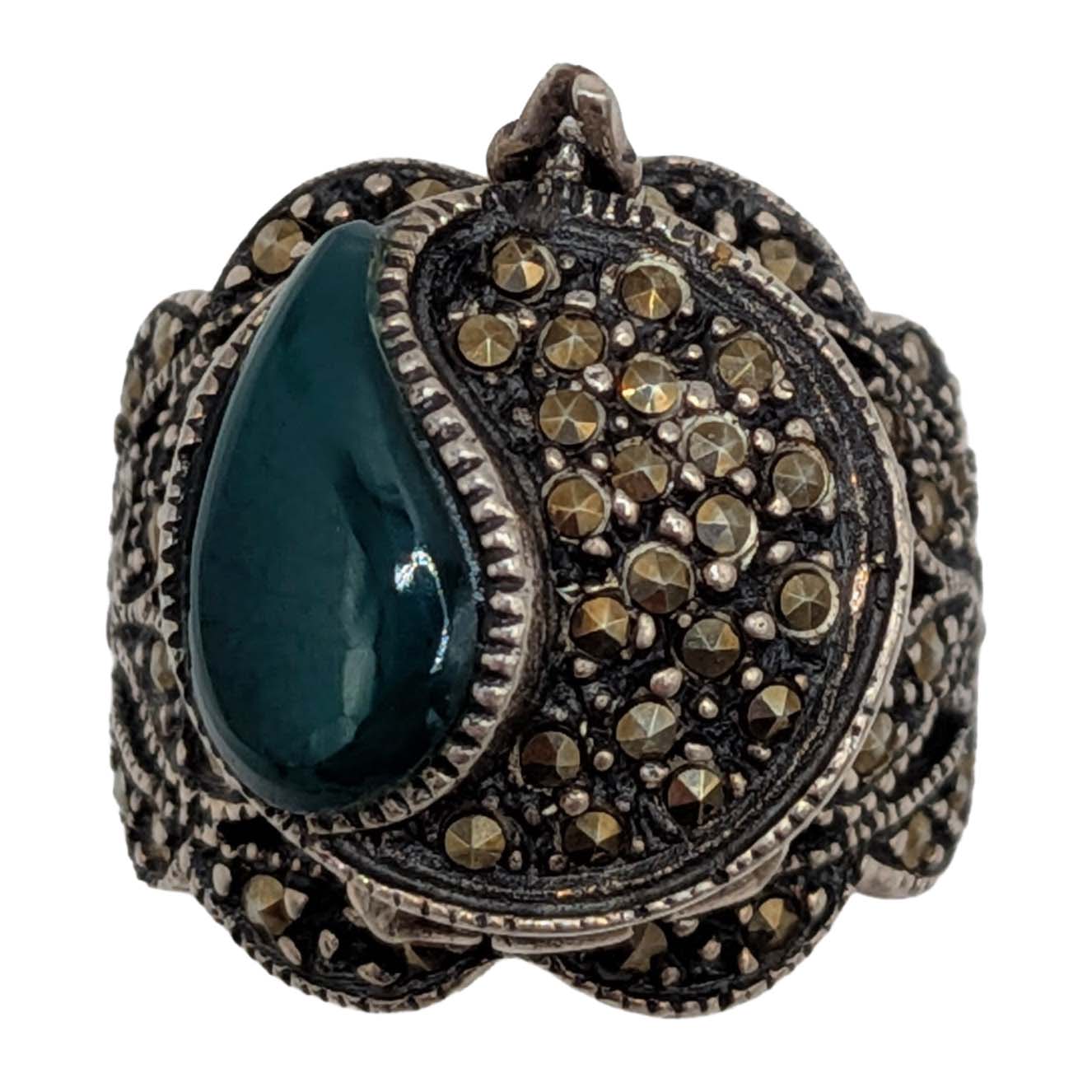 Sterling Silver Malachite Marcasite Poison Ring Size 5.75