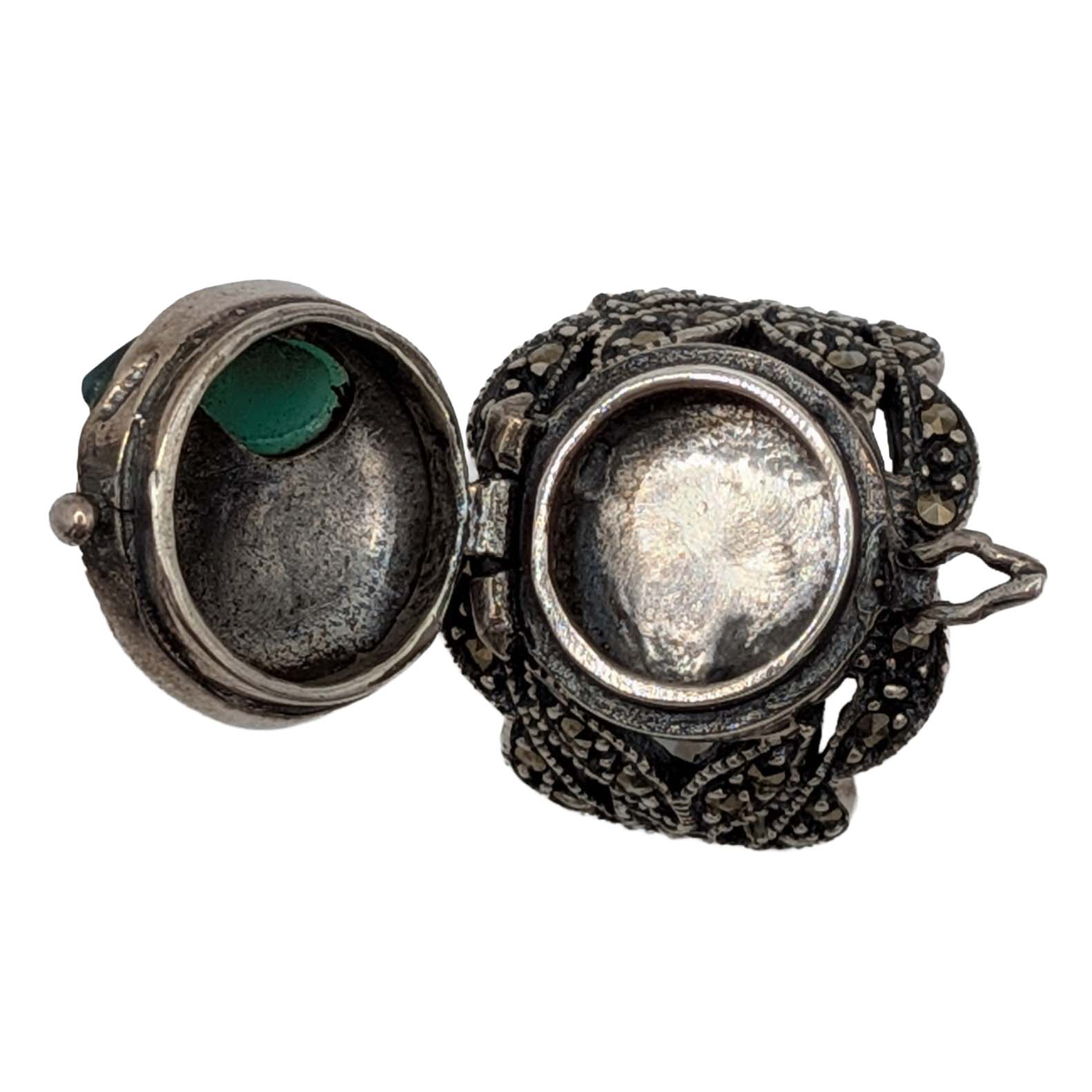 Sterling Silver Malachite Marcasite Poison Ring Size 5.75