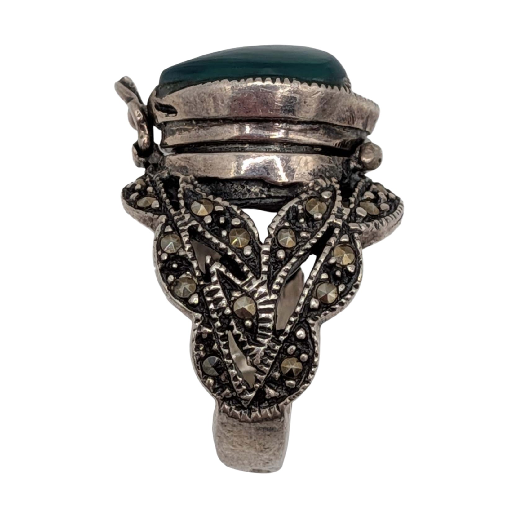 Sterling Silver Malachite Marcasite Poison Ring Size 5.75