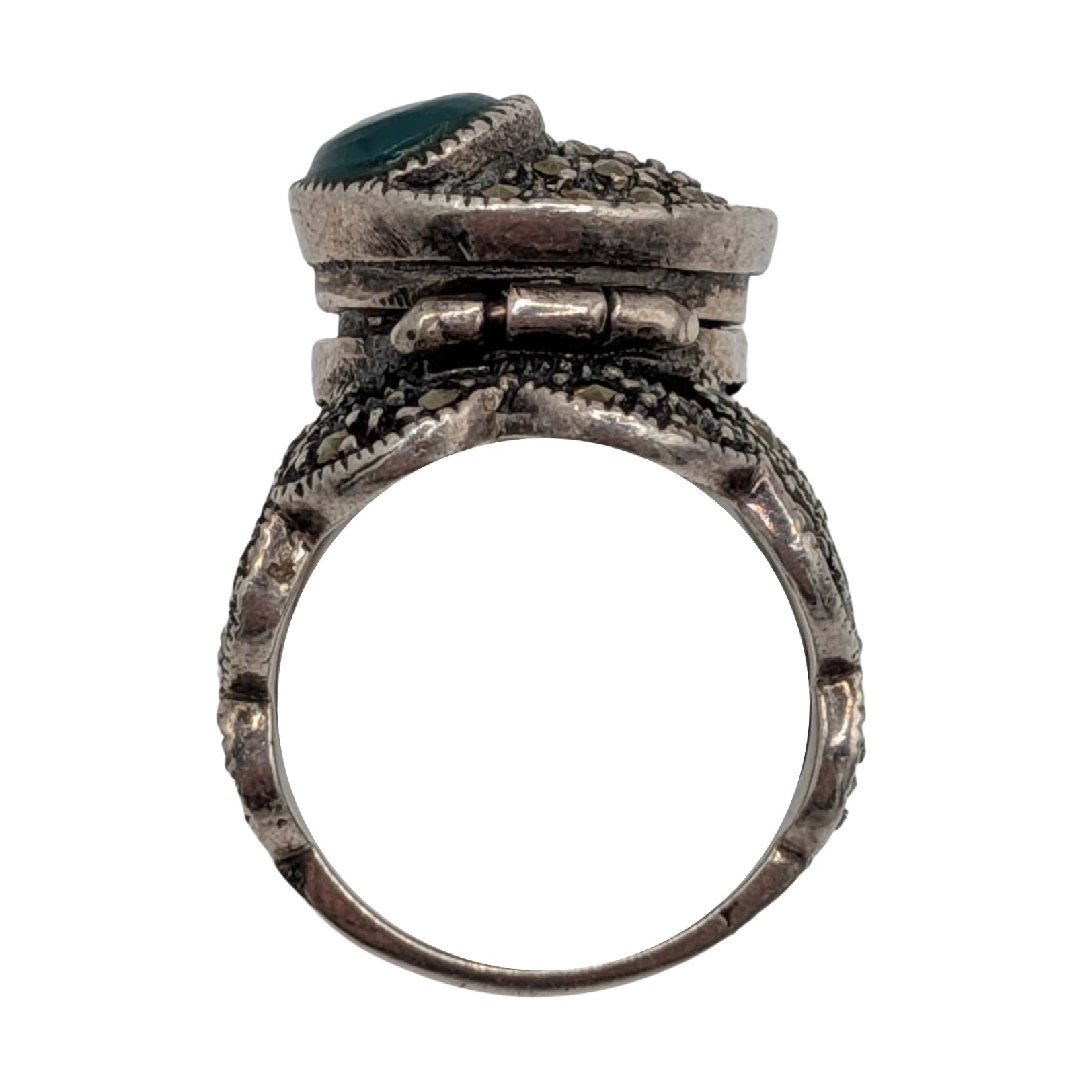 Sterling Silver Malachite Marcasite Poison Ring Size 5.75