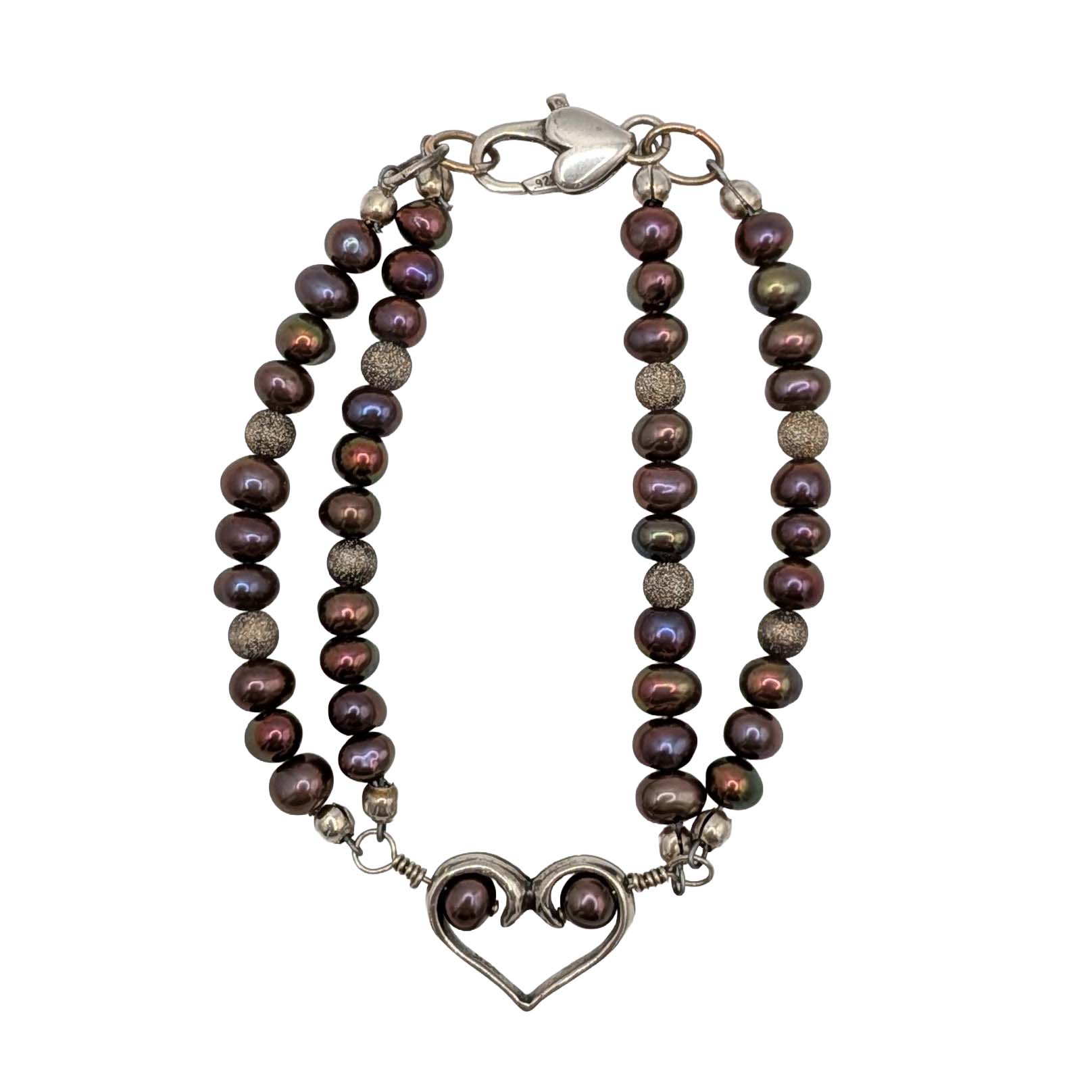 Sterling Silver Copper Pearl Double Strand Heart Bracelet