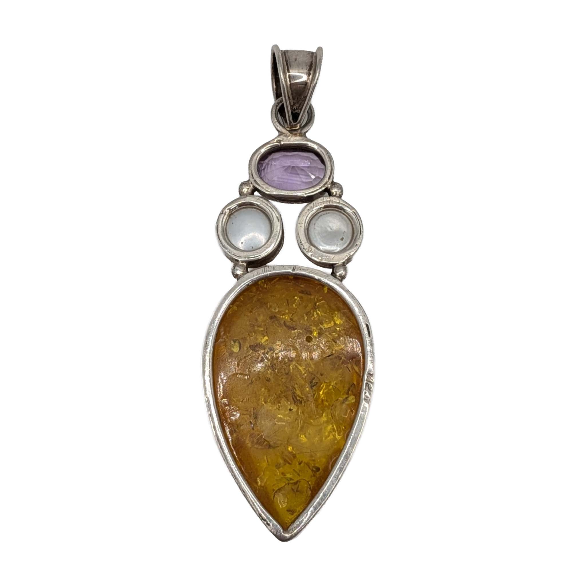 Sterling Silver Amber Amethyst Pearl Drop Pendant