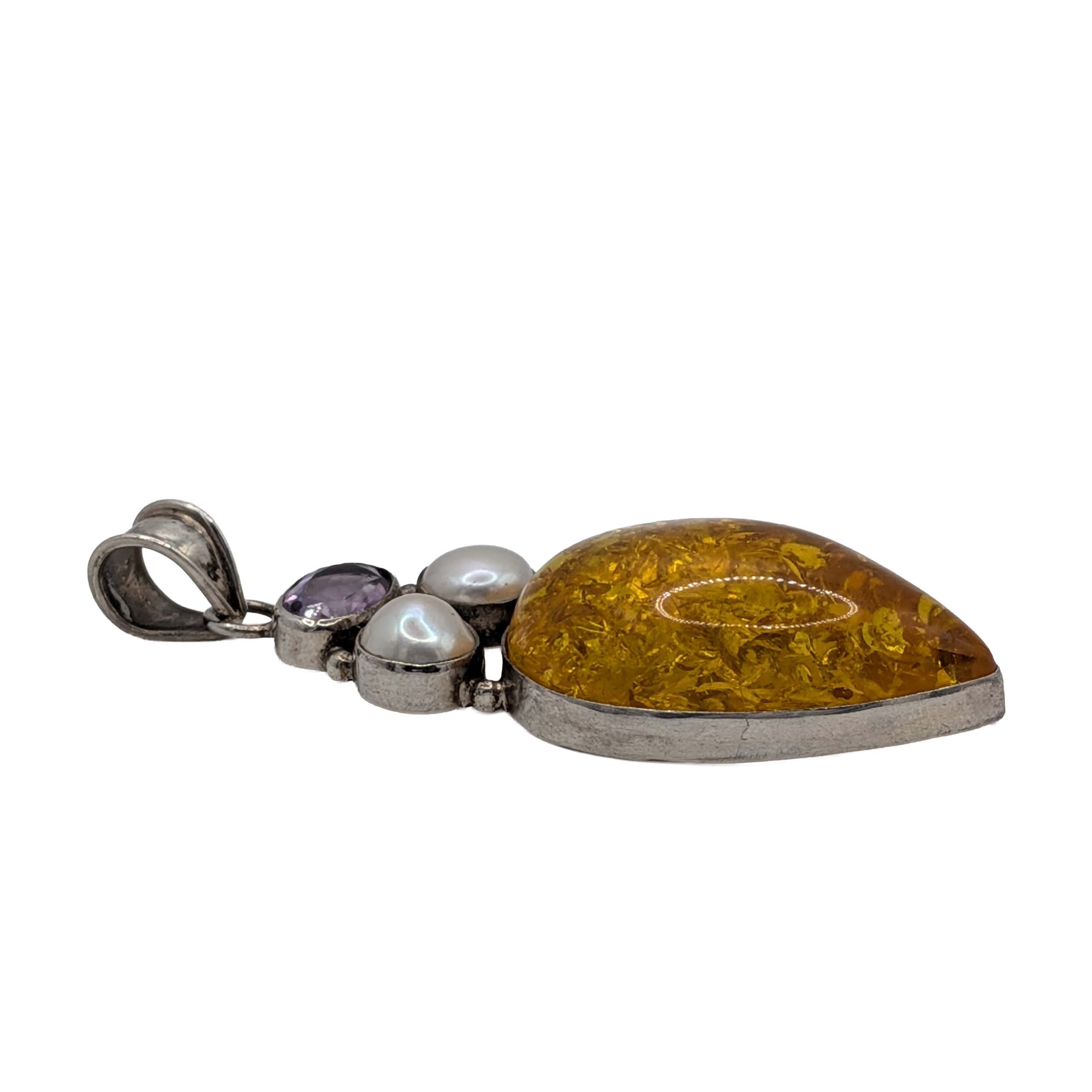 Sterling Silver Amber Amethyst Pearl Drop Pendant