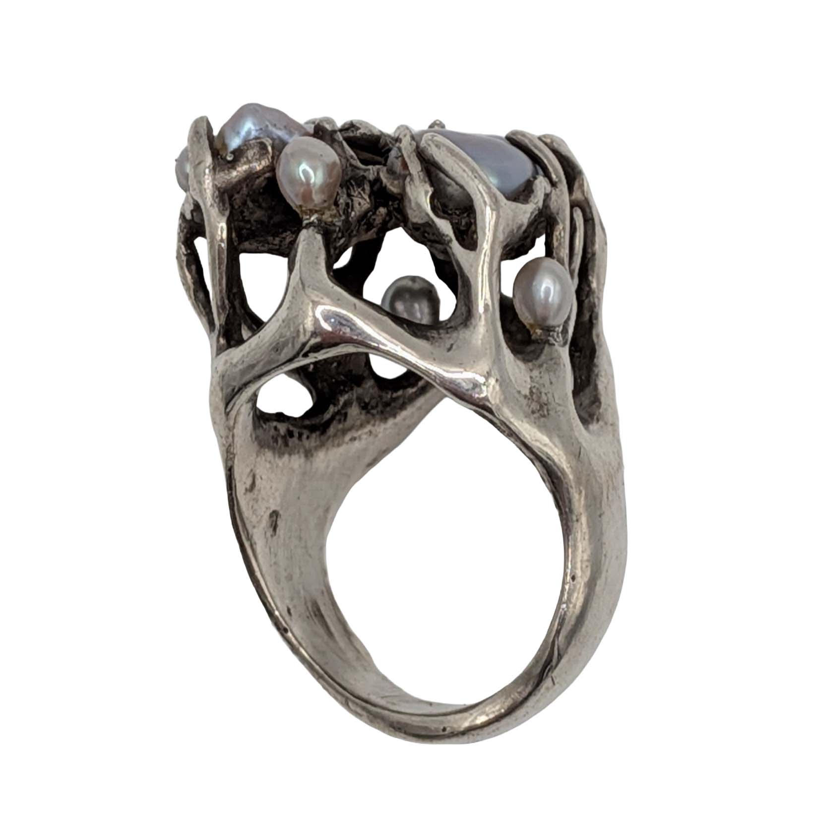 Sterling Silver Baroque Pearl Brutalist Ring Size 7