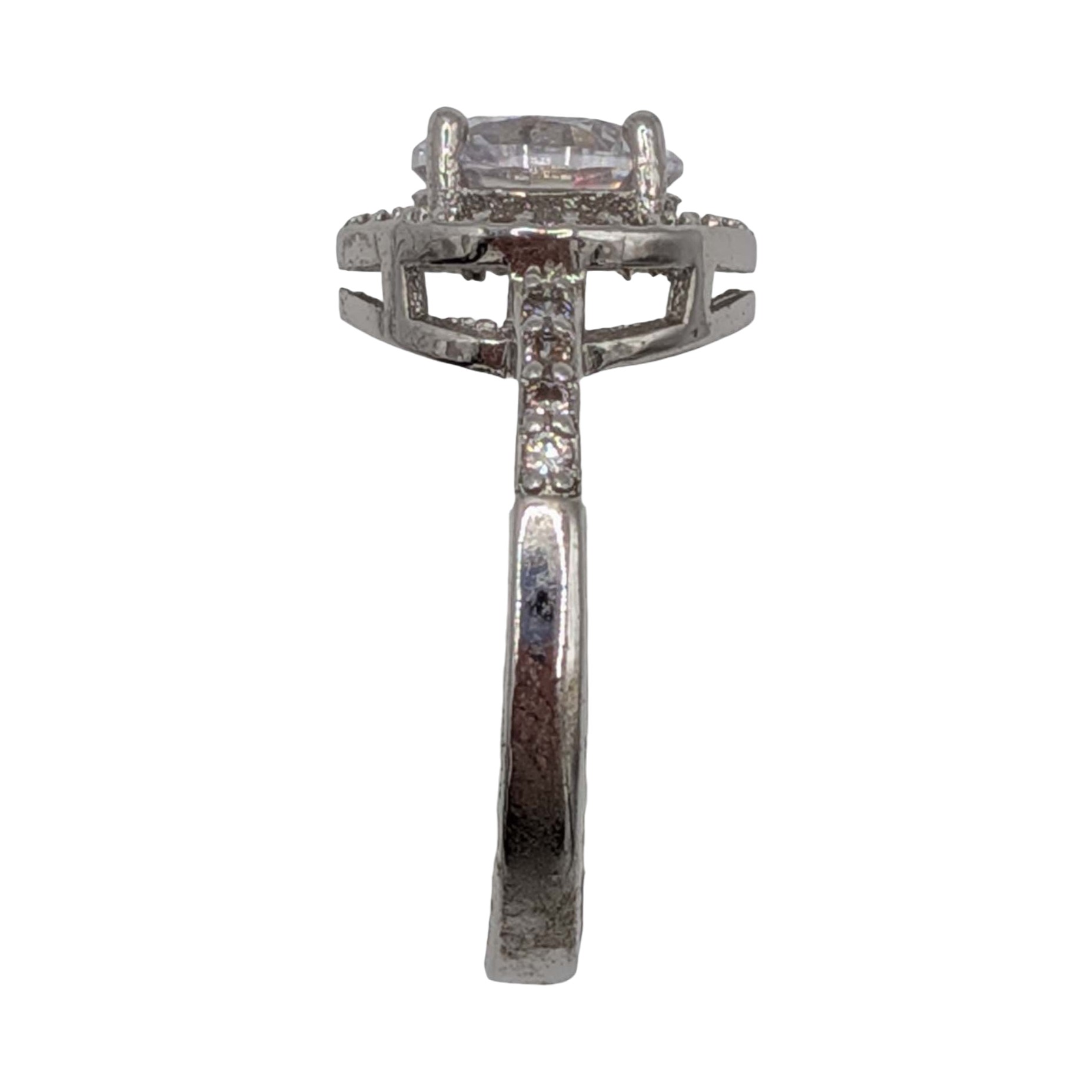 Signed Sterling Silver CZ Halo Solitaire Ring Size 7.75
