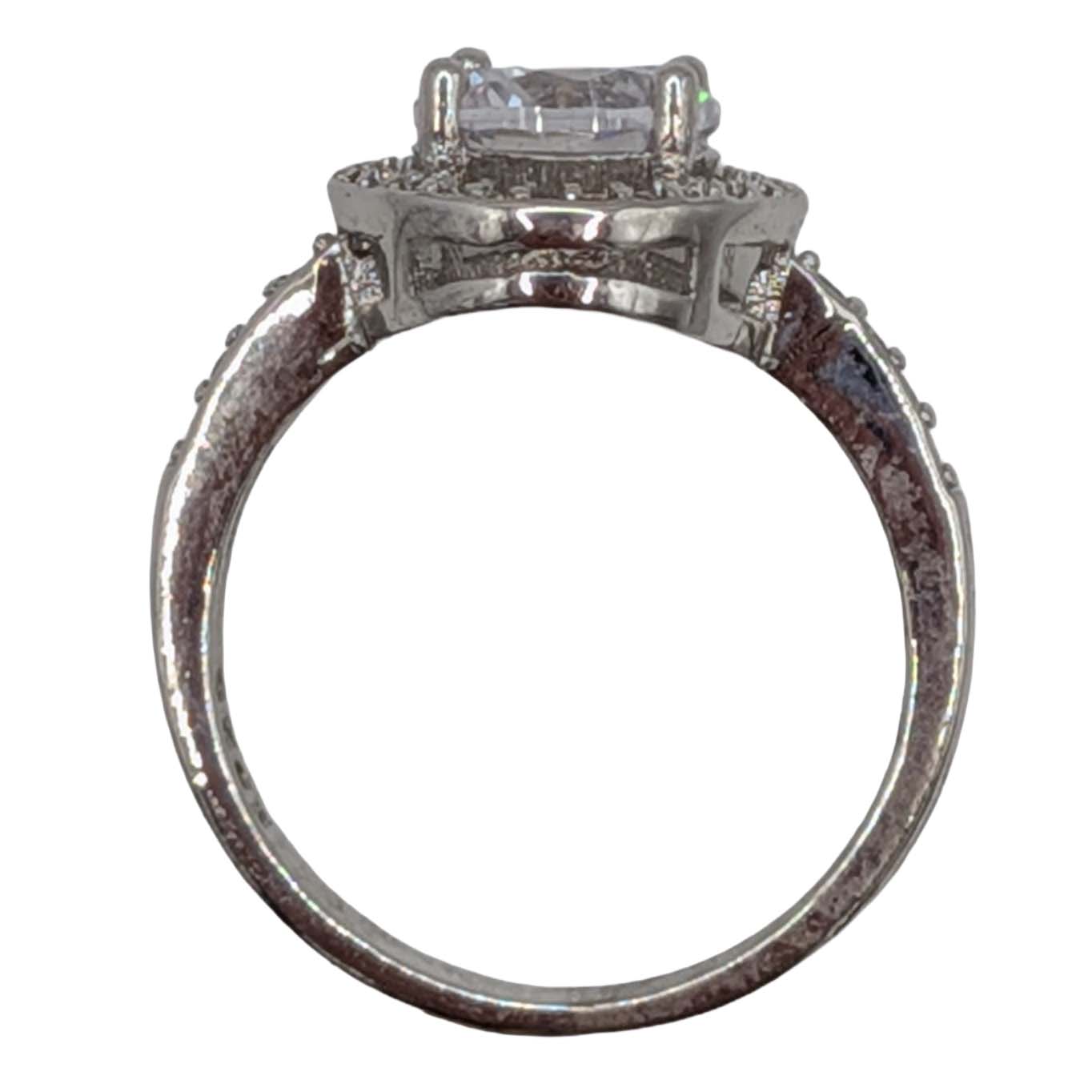 Signed Sterling Silver CZ Halo Solitaire Ring Size 7.75