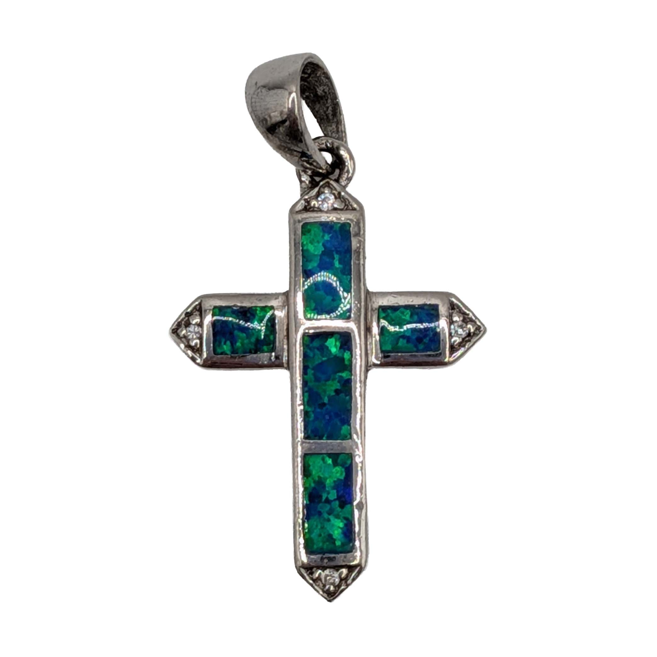 Sterling Silver Opal Inlay CZ Cross Pendant