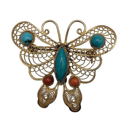 Gold Over Sterling Silver Turquoise Coral Filigree Butterfly Brooch. Gold Over Sterling Silver 