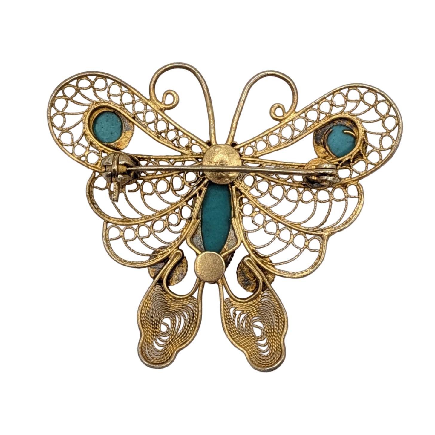 Gold Over Sterling Silver Turquoise Coral Filigree Butterfly Brooch
