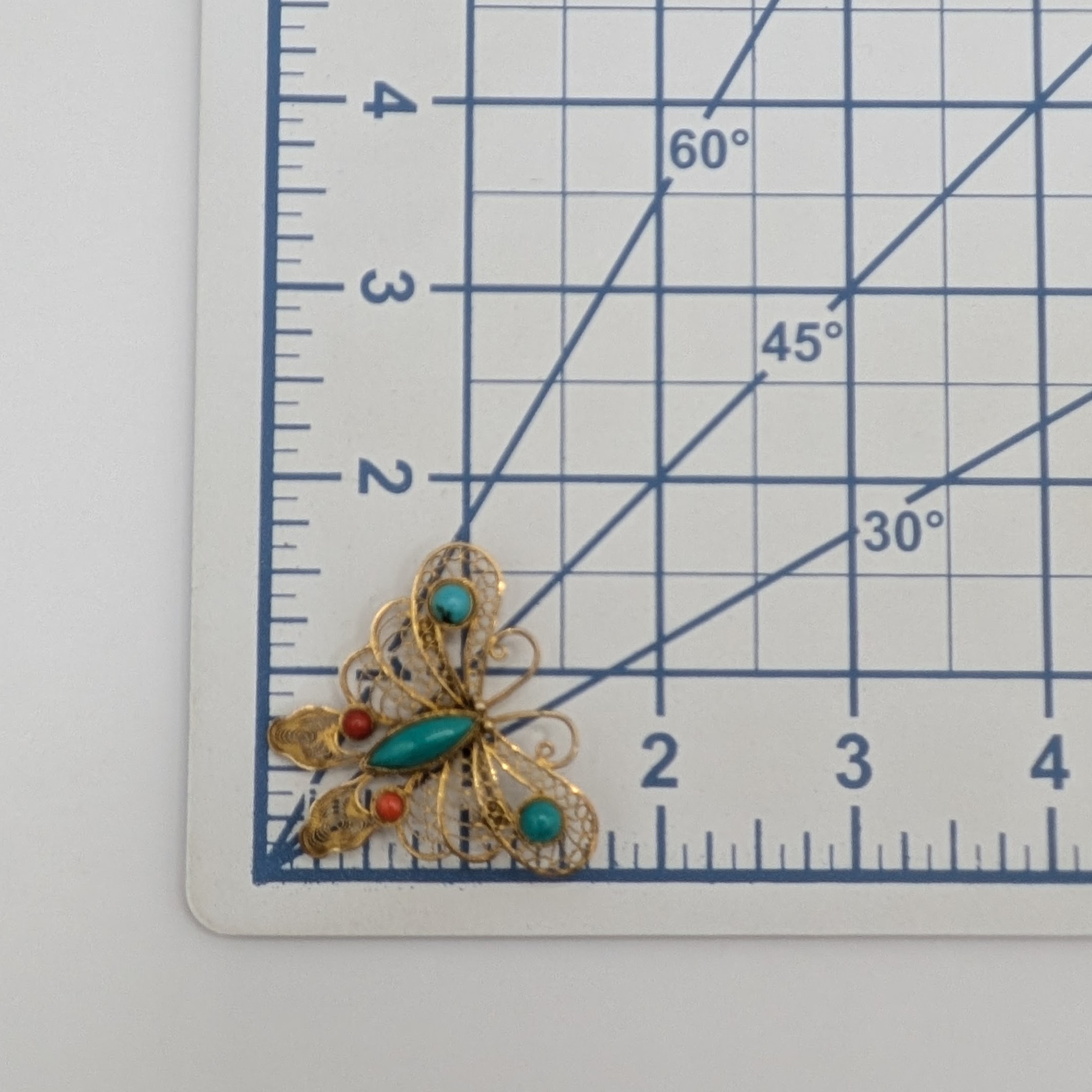 Gold Over Sterling Silver Turquoise Coral Filigree Butterfly Brooch