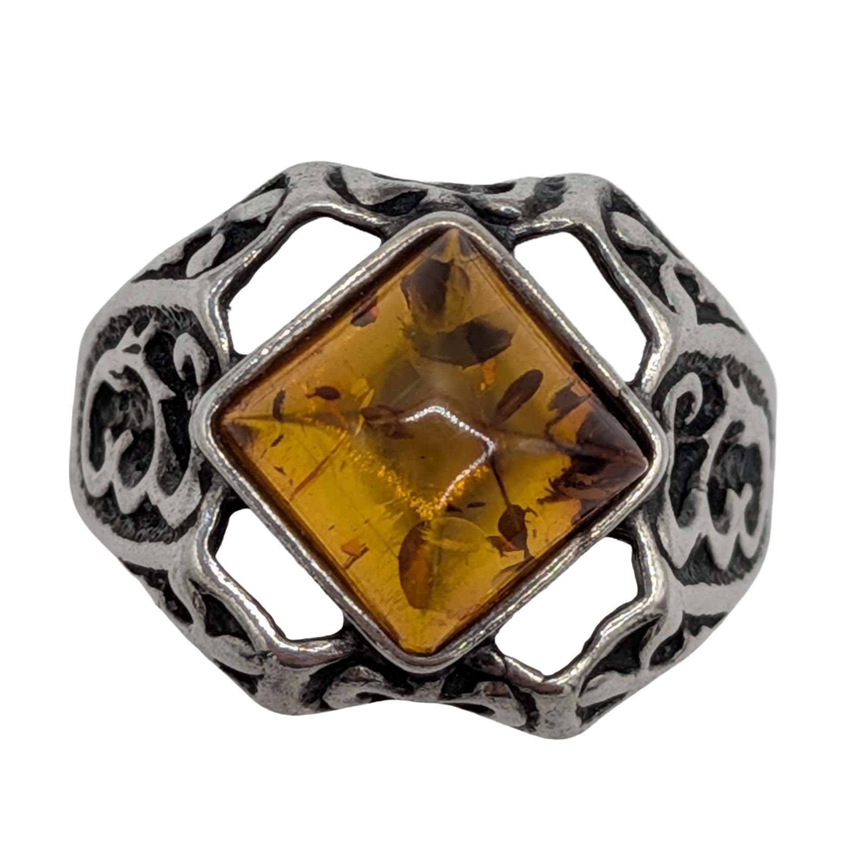 Sterling Silver Amber Open Set Ring Size 6