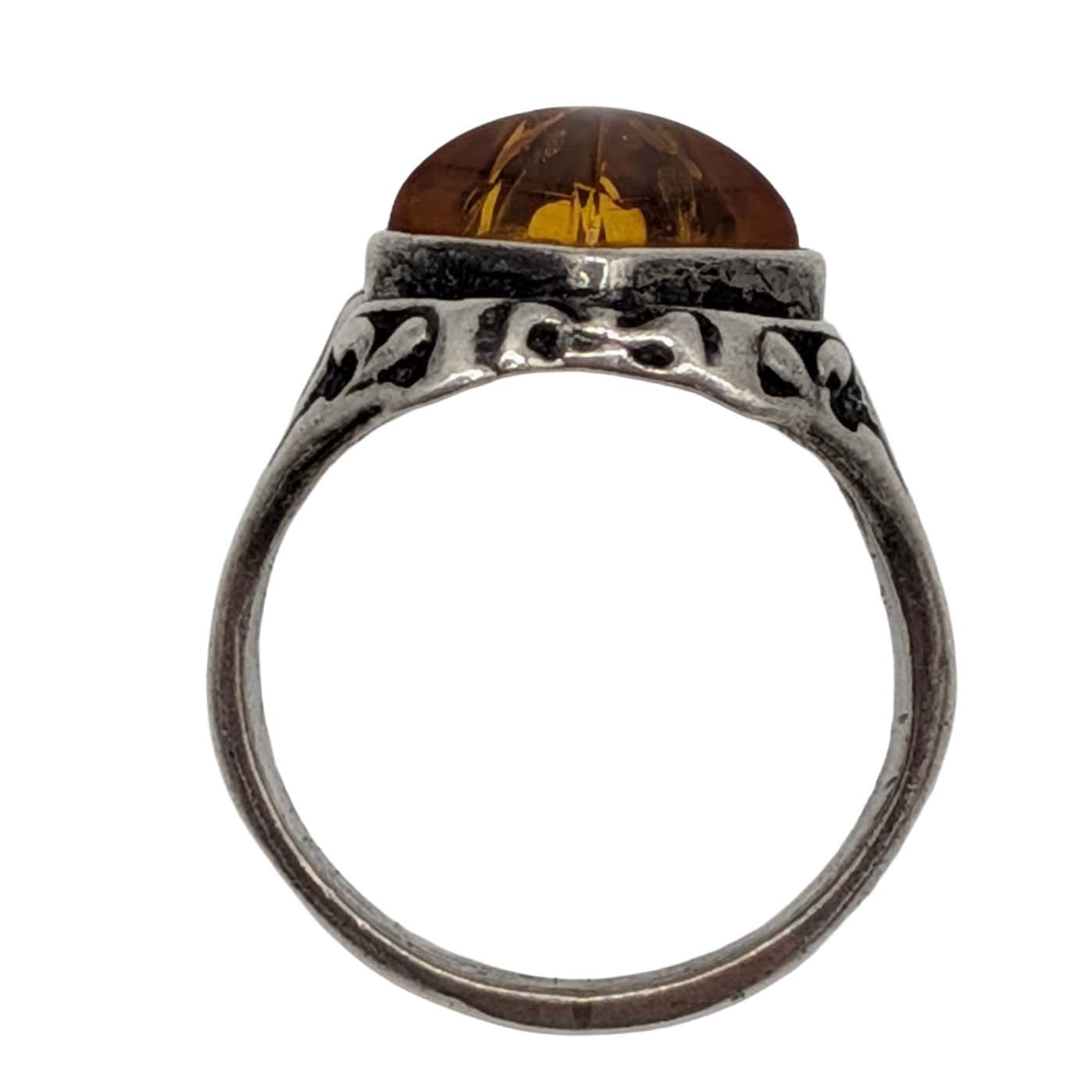 Sterling Silver Amber Open Set Ring Size 6