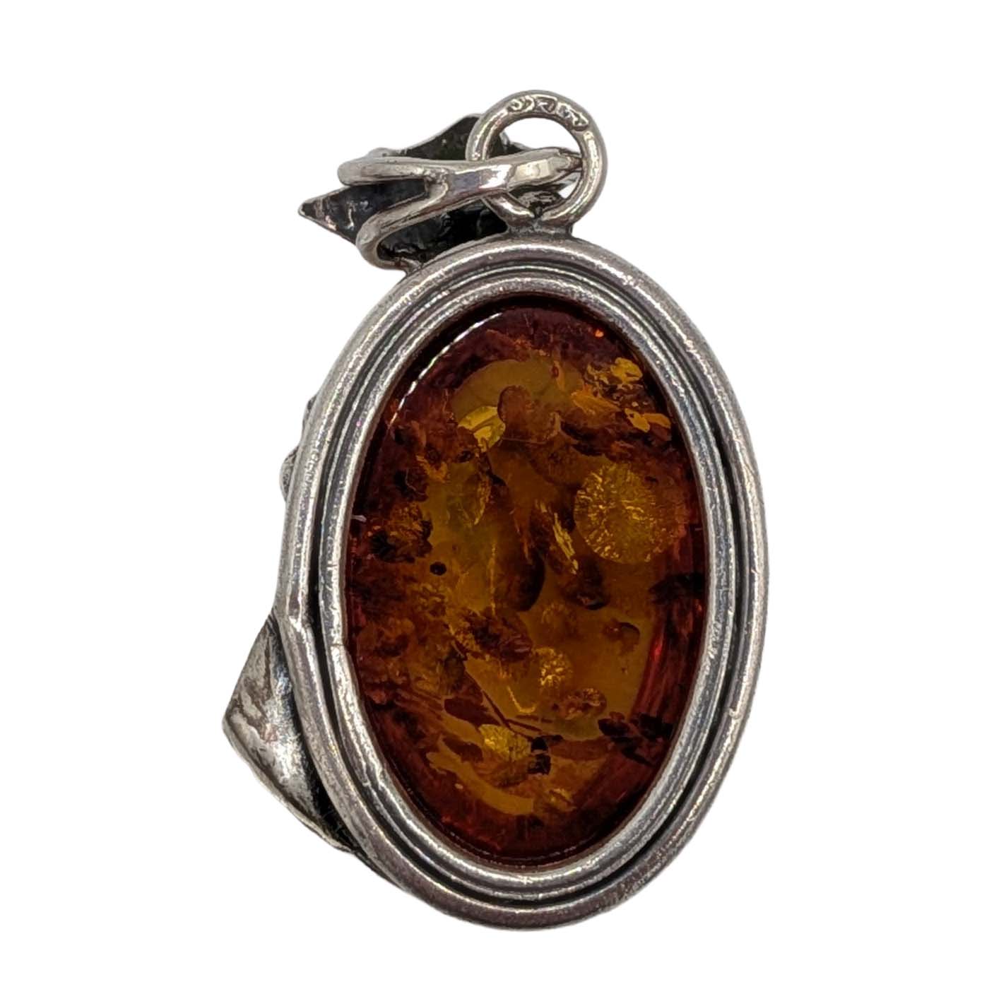 Signed Sterling Silver Amber Floral Pendant