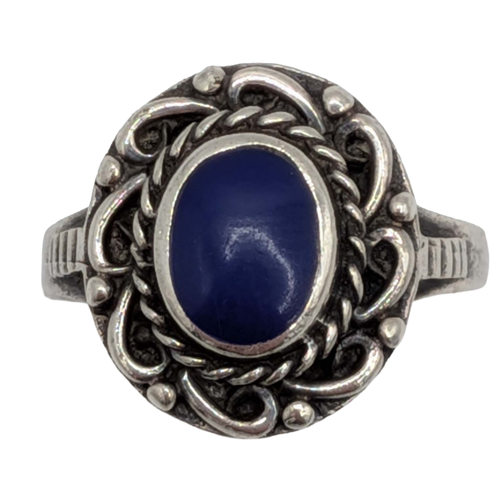 Signed Sterling Silver Lapis Rope Framed Oval Ring Size 7.75