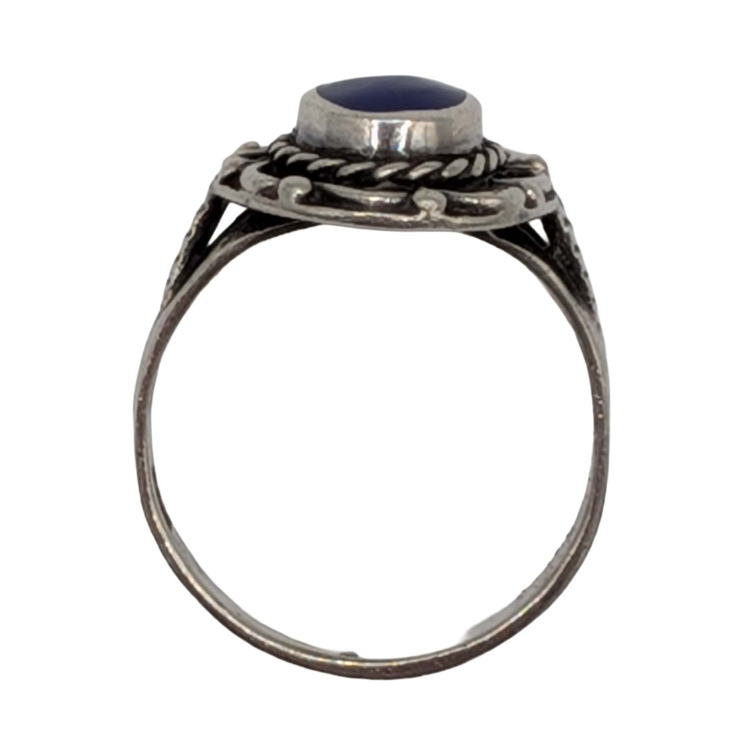 Signed Sterling Silver Lapis Rope Framed Oval Ring Size 7.75
