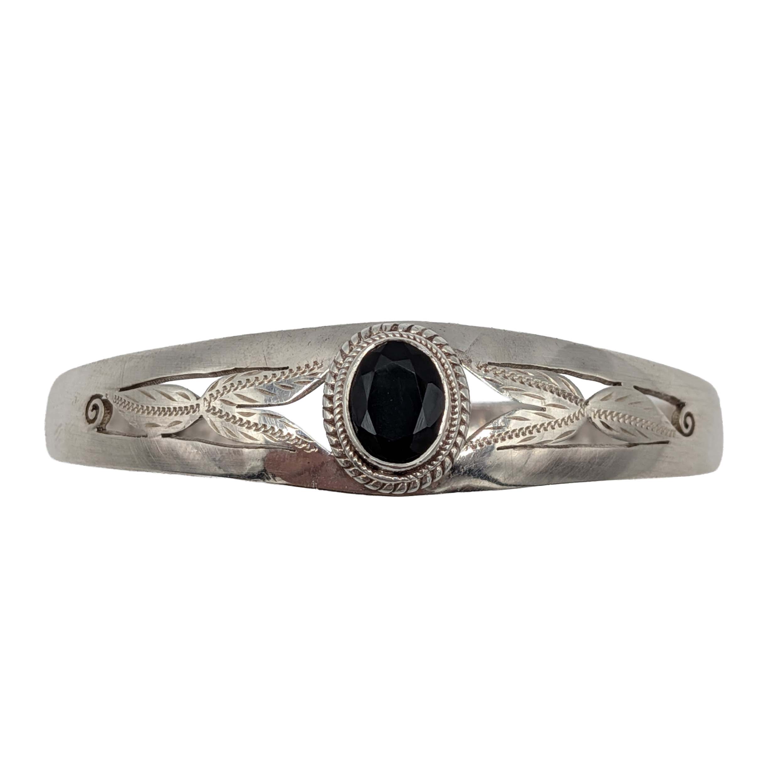 Sterling Silver Onyx Leaf Cutout Cuff Bracelet