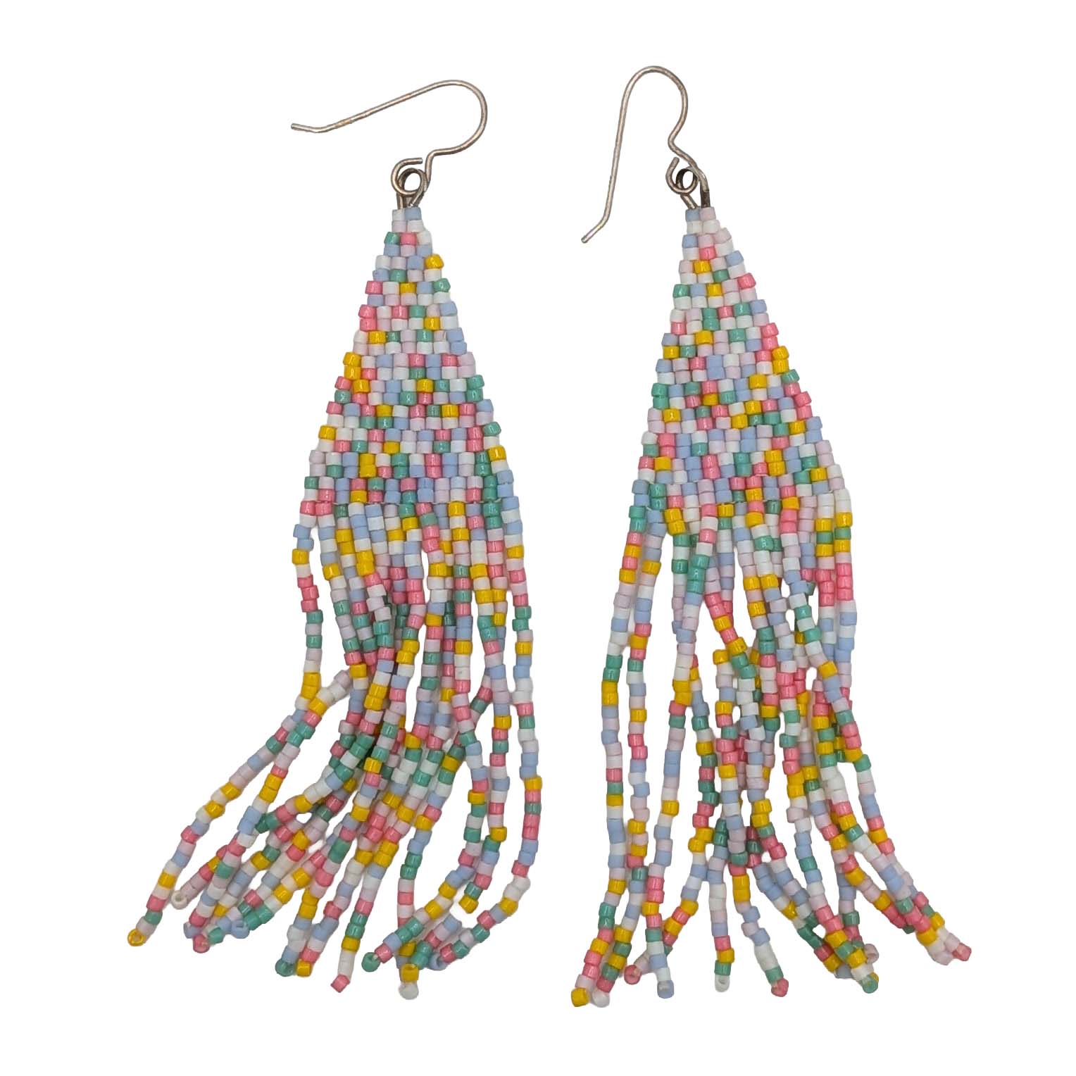 Sterling Silver Pastel Seed Bead Woven Fringe Dangle Earrings