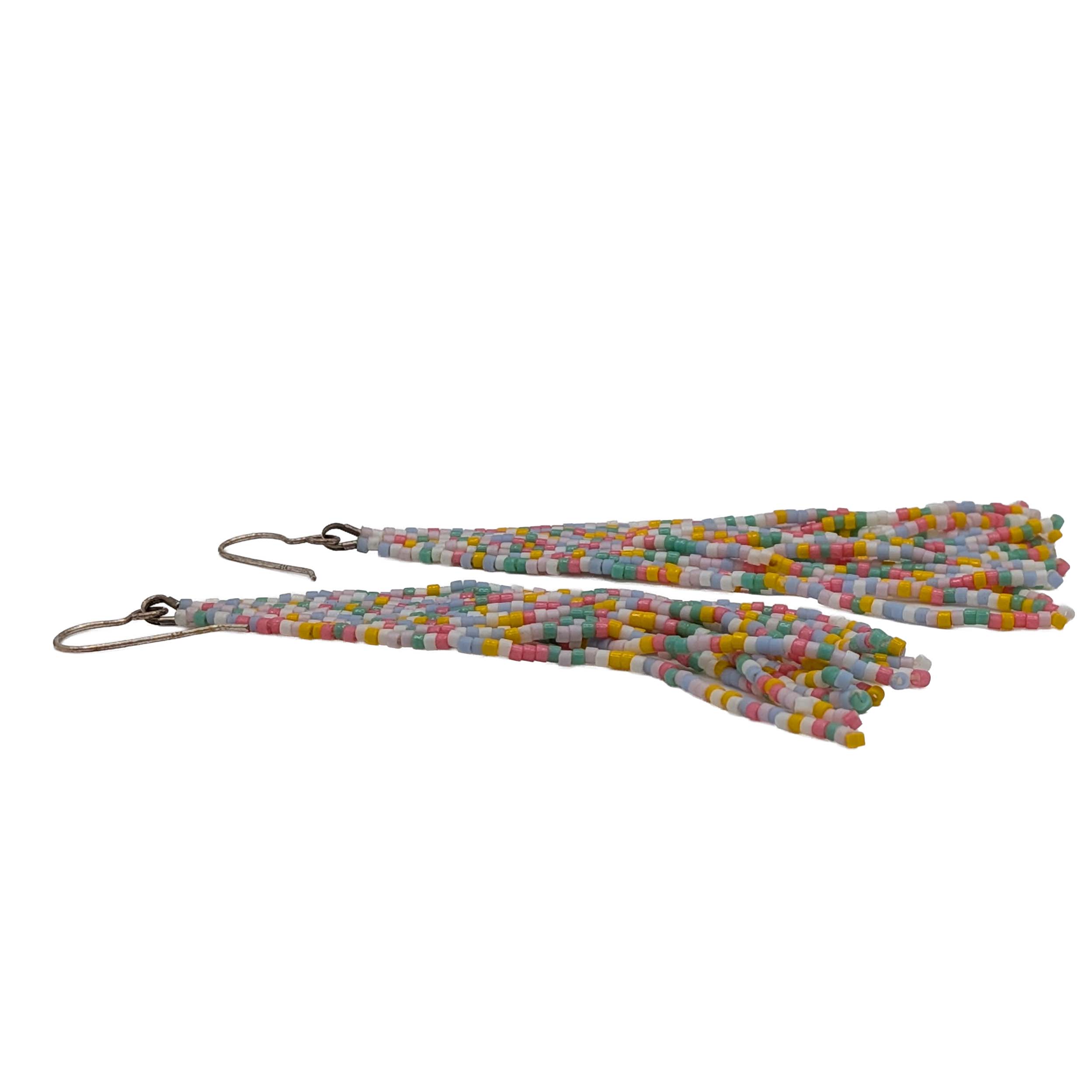 Sterling Silver Pastel Seed Bead Woven Fringe Dangle Earrings