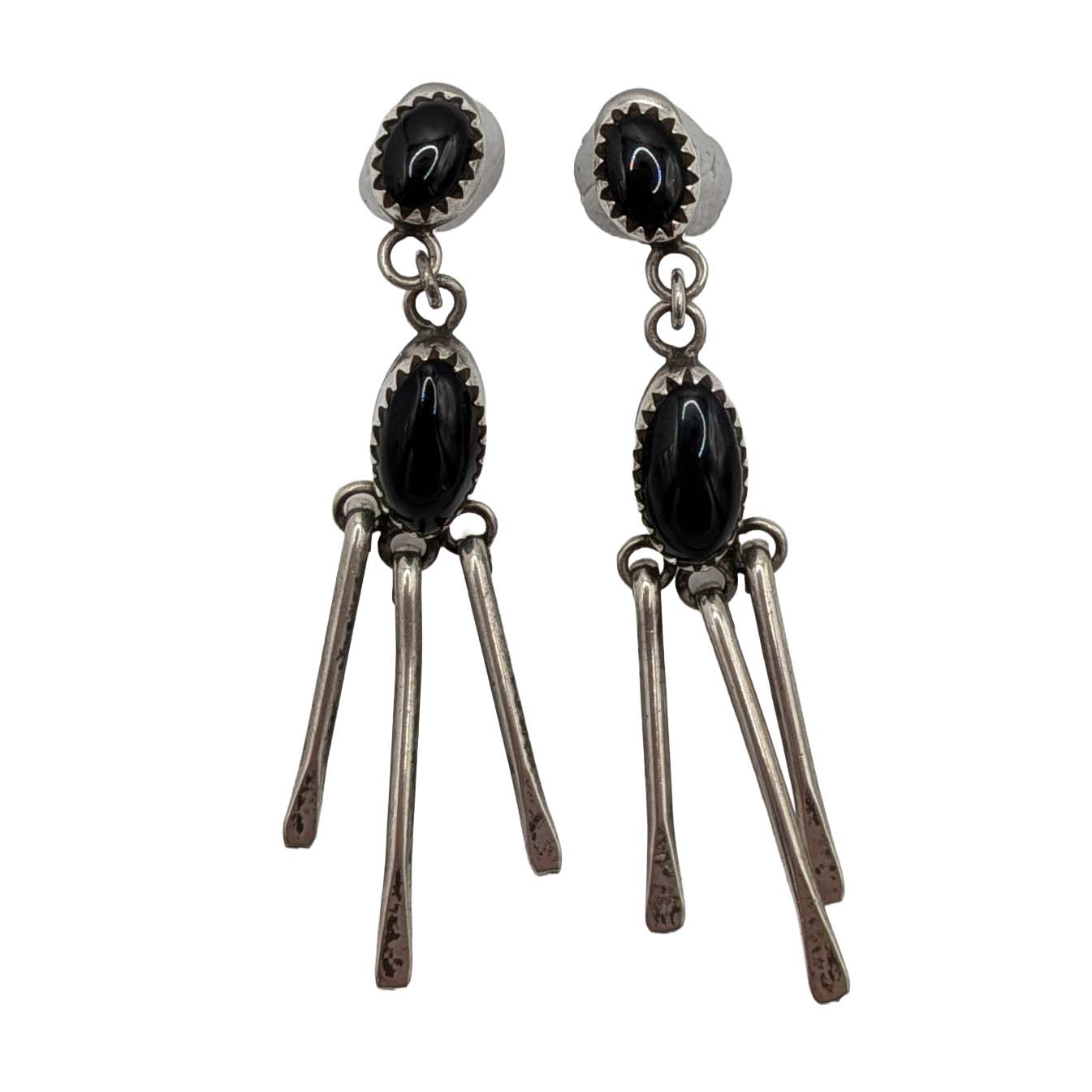 Sterling Silver Onyx Oval Fringe Stud Earrings