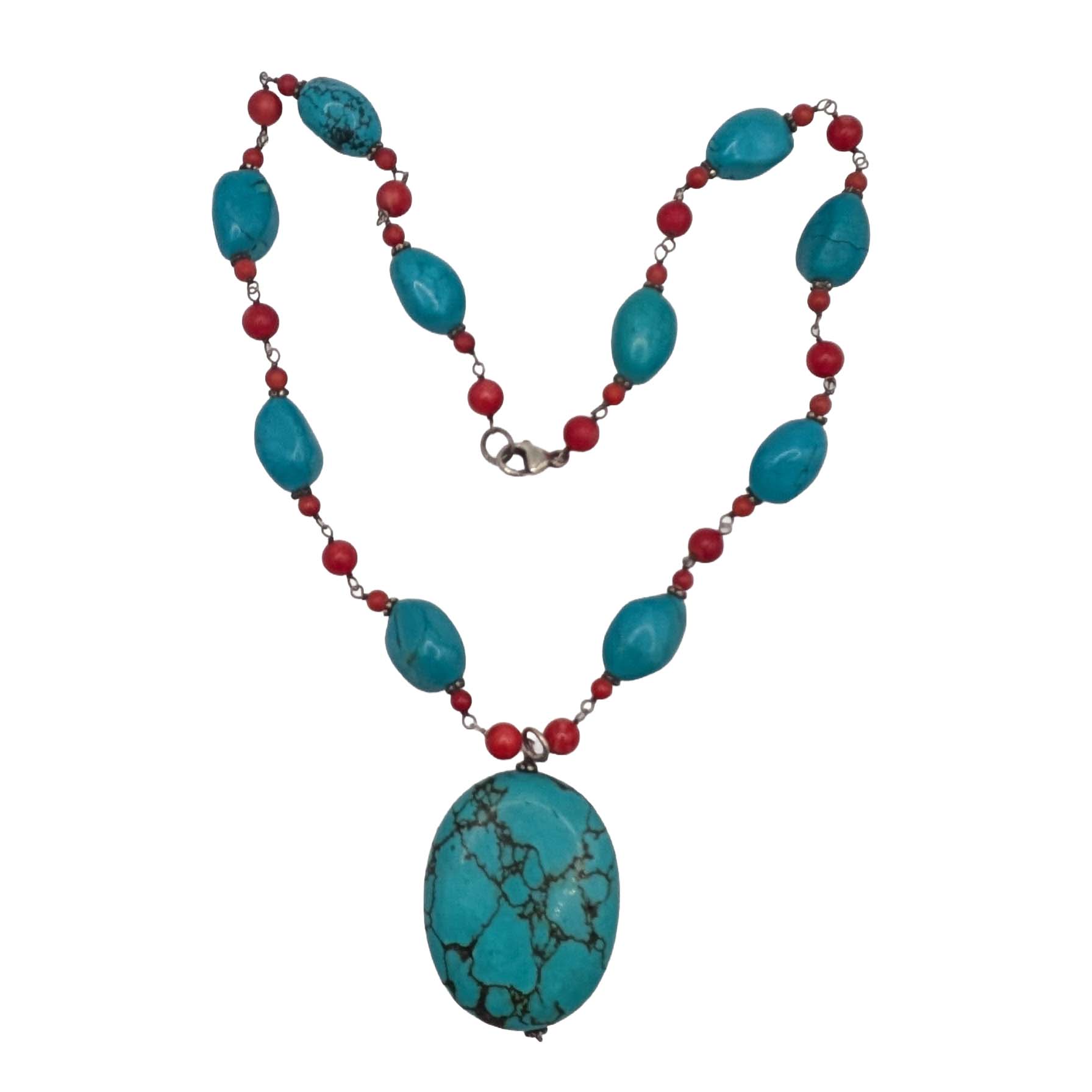 Southwest Sterling Silver Turquoise Coral Beaded Necklace
