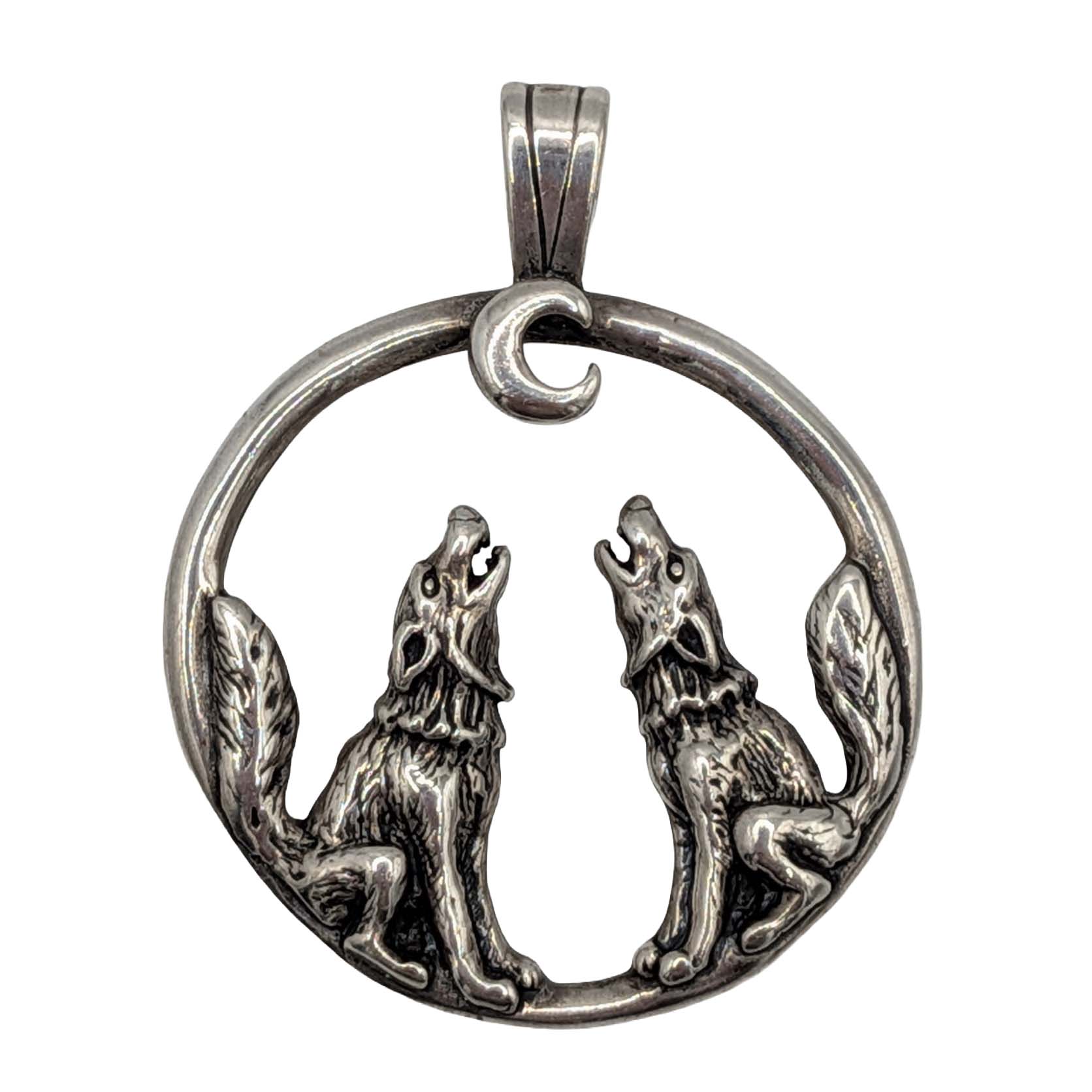 Signed Sterling Silver Howling Wolves Pendant