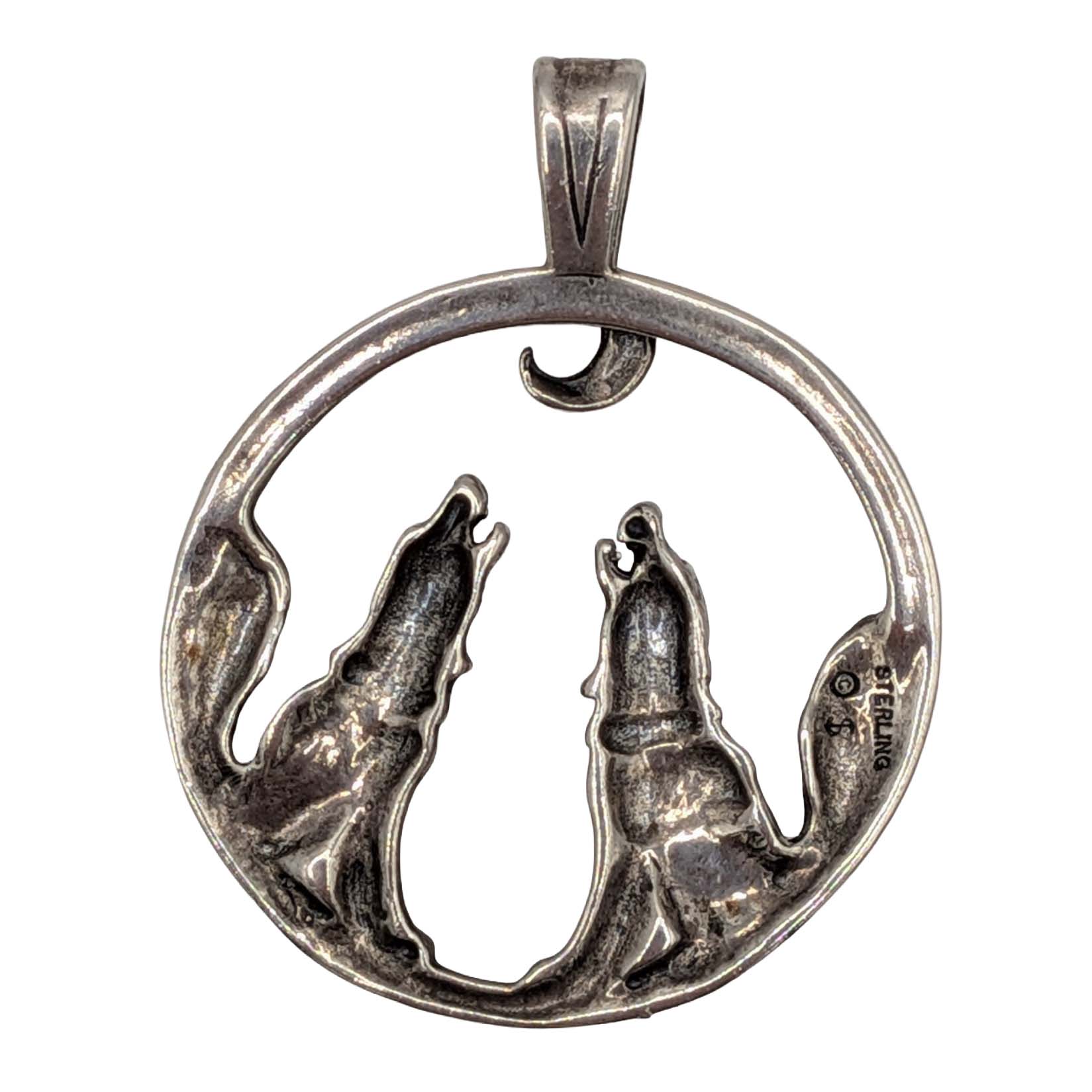 Signed Sterling Silver Howling Wolves Pendant