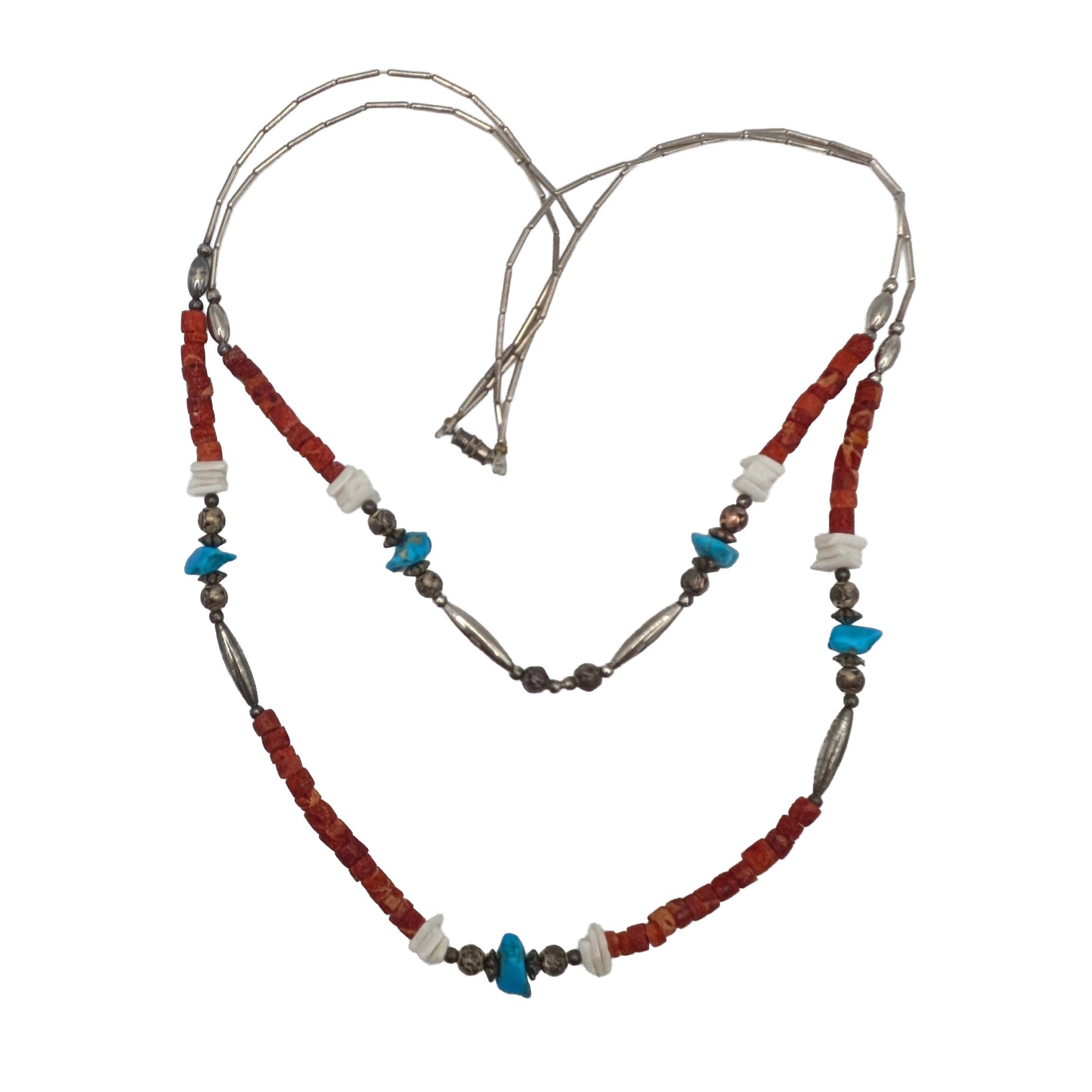 Southwest Sterling Liquid Silver Turquoise Coral Shell Necklace