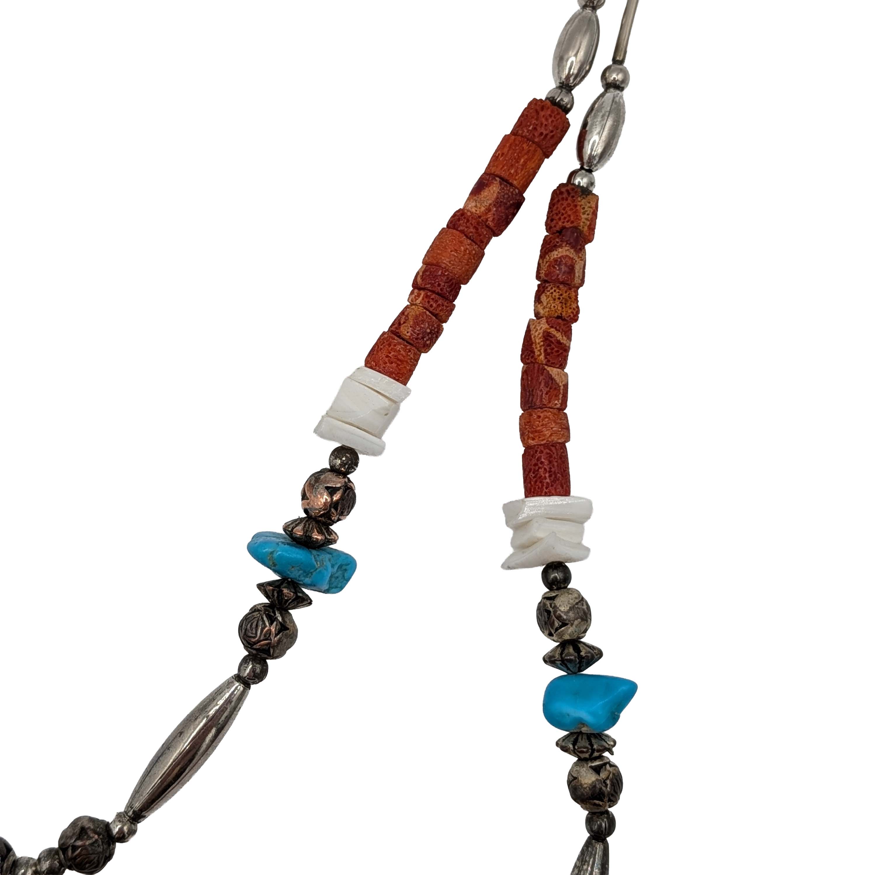 Southwest Sterling Liquid Silver Turquoise Coral Shell Necklace