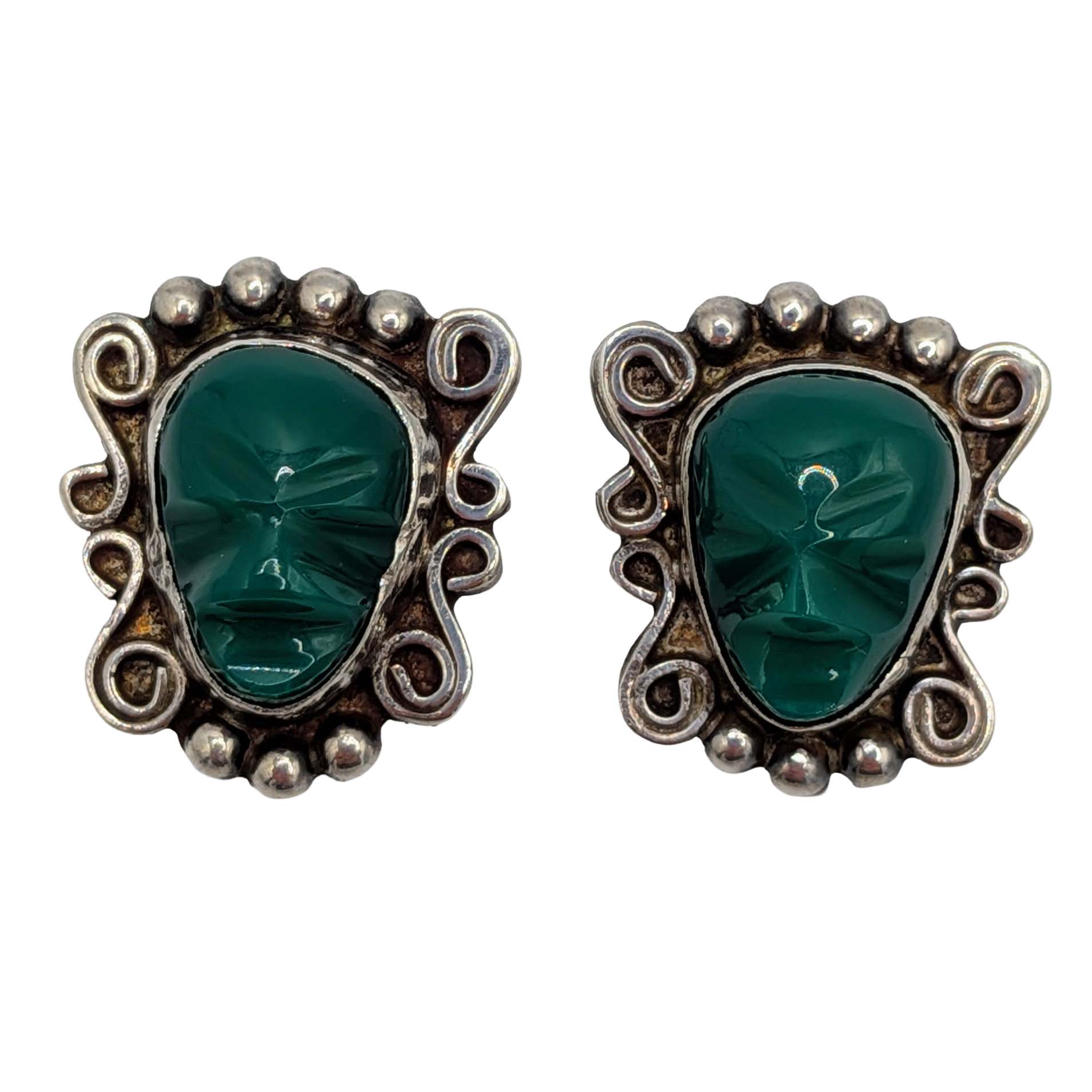 Mexico Sterling Silver Green Onyx Carved Mask Earrings