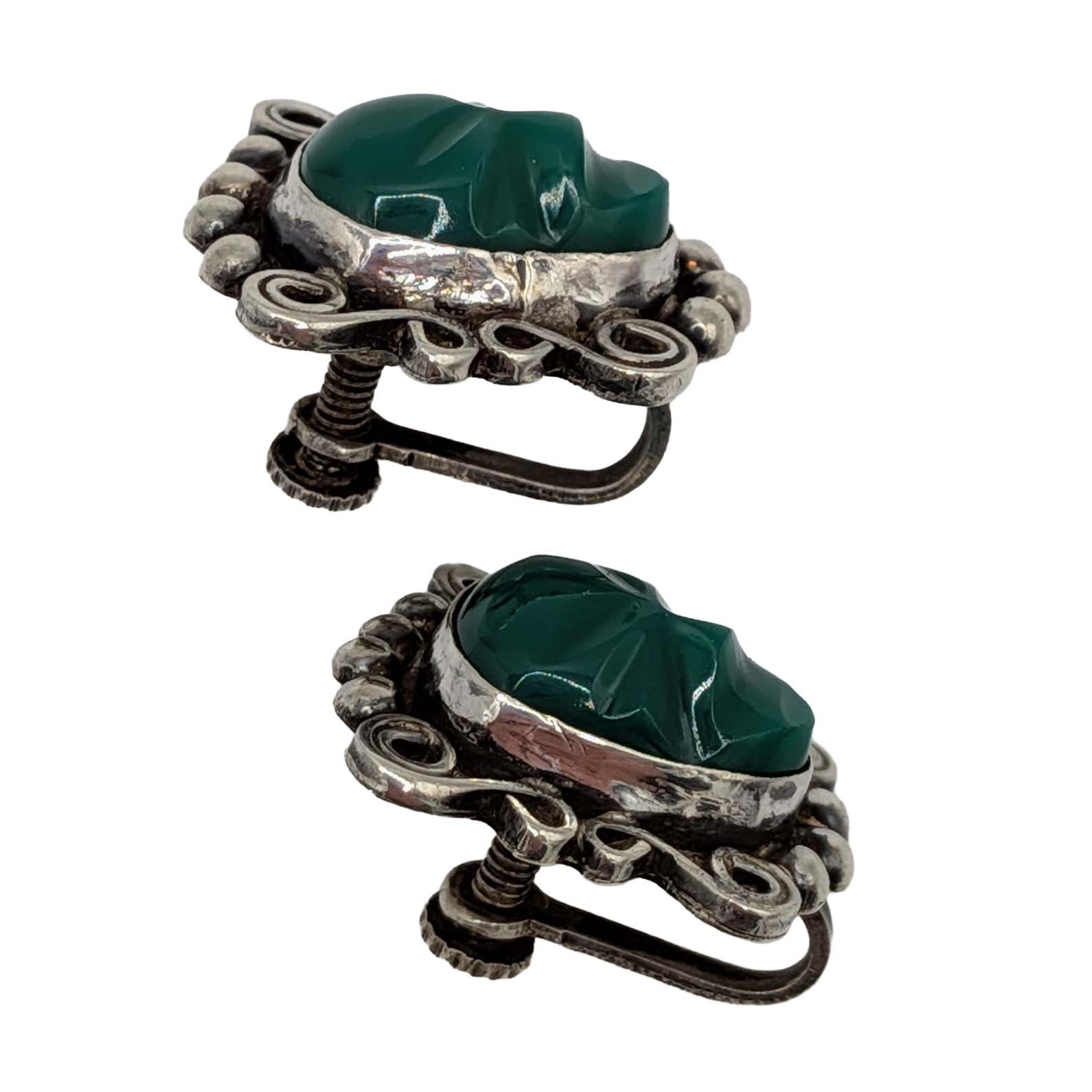 Mexico Sterling Silver Green Onyx Carved Mask Earrings