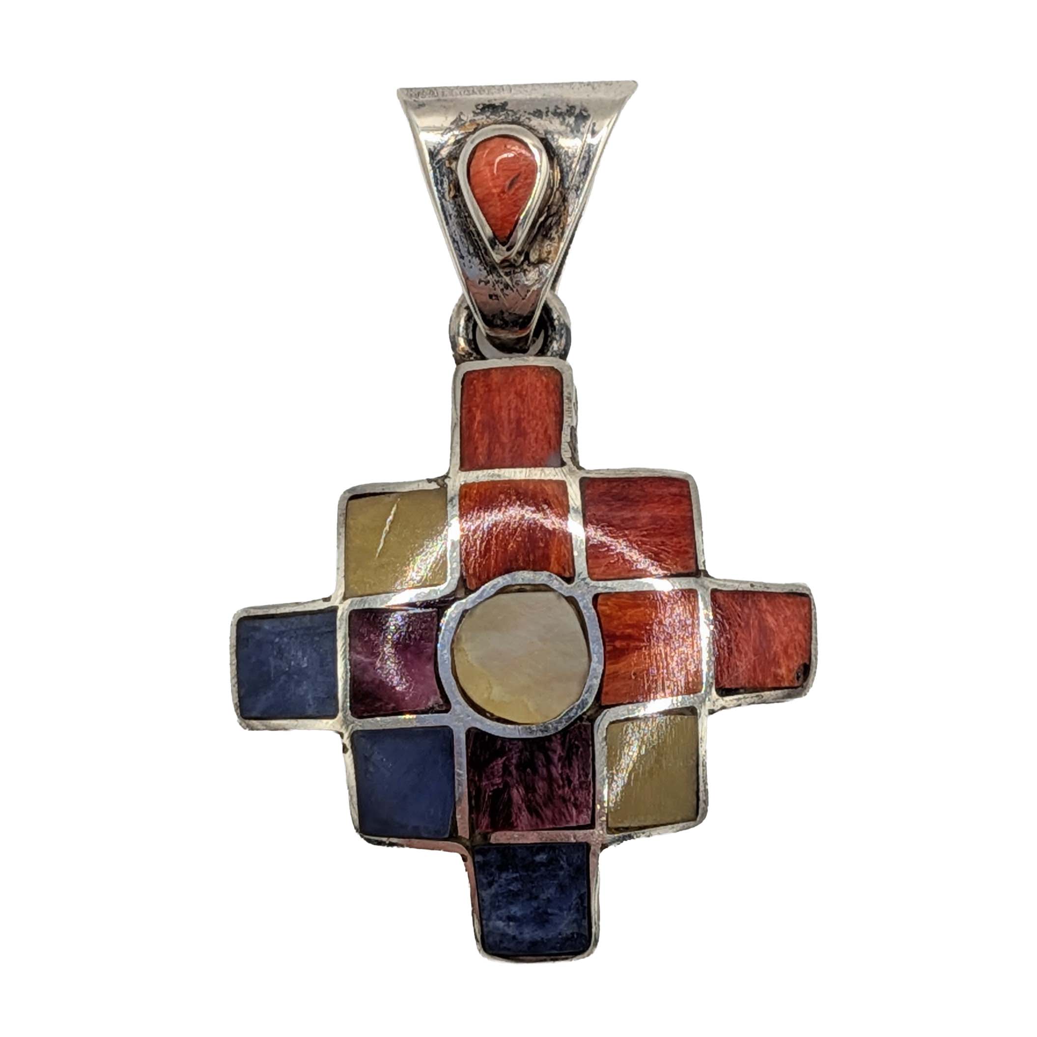 Peruvian 950 Silver Multi-Stone Inlay Dangle Pendant